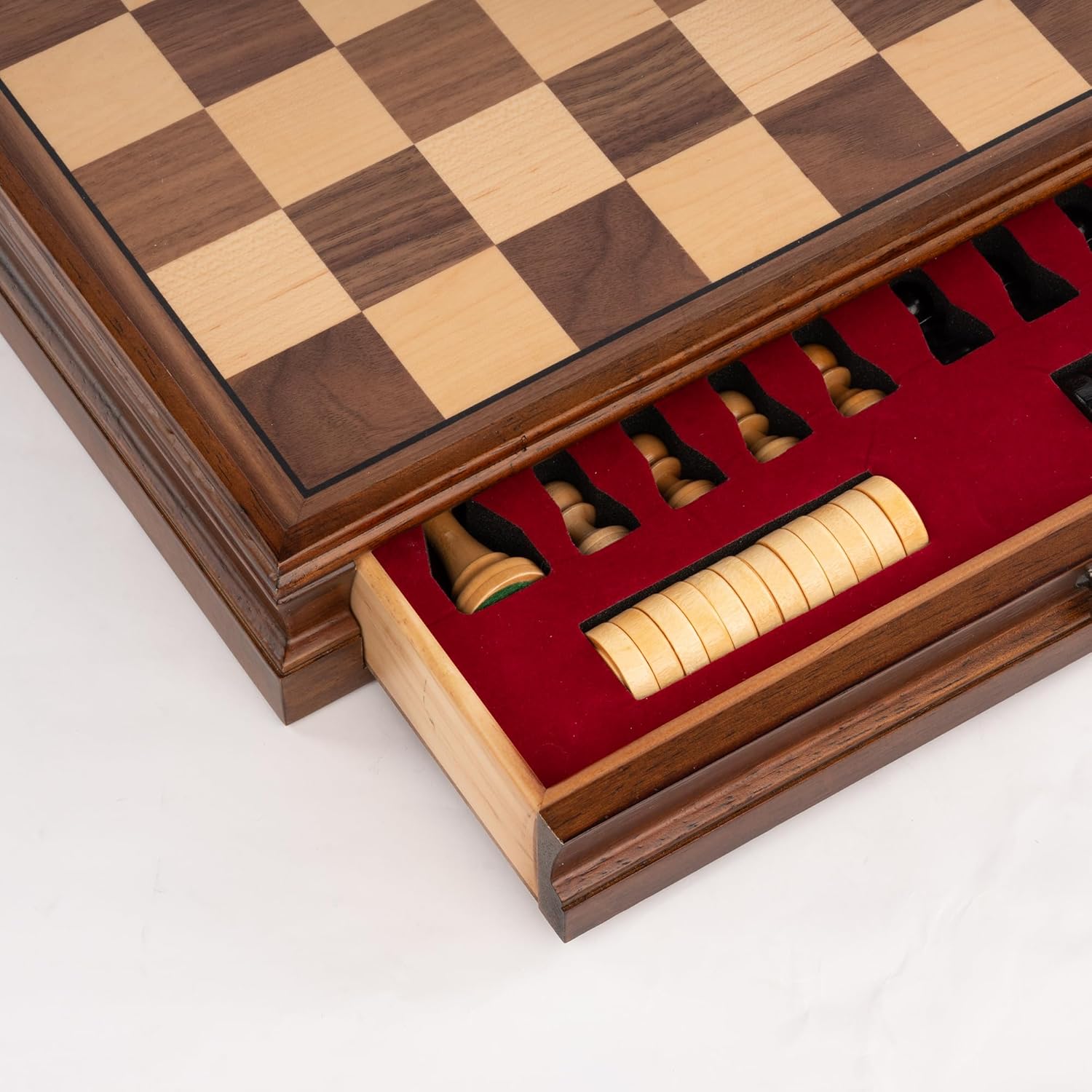 A&A 15 inch Walnut Wooden Chess Set with Storage Drawer, Triple Weighted Pieces, 3.0 inch King Height, Walnut & Maple Inlay, 2 Extra Queen, Classic 2 in 1 Chess and Checkers Board Game