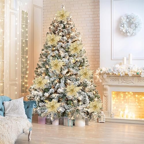 Miniatura 4 de Aphmeir Paquete de 6 flores de Pascua de Navidad con purpurina, flores de Pascua artificiales de 8 pulgadas, flores de Navidad artificiales,