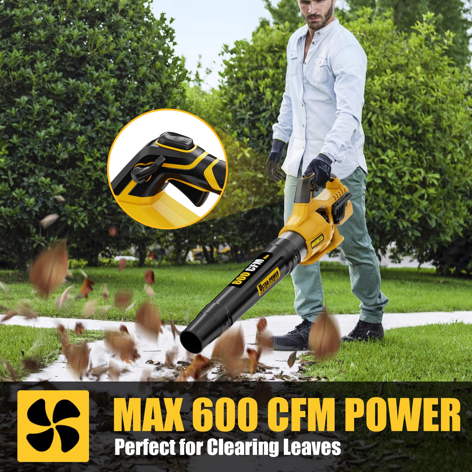Soplador de hojas inalámbrico, 600 CFM/125 MPH Turbo Boost compatible con batería DW 20V Max, motor sin escobillas, disparador variable y bloqueo de velocidad, ergonómico 3.5 libras para