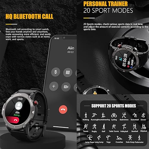Miniatura 6 de Reloj inteligente militar para hombre (recepción de llamadas/dial), reloj inteligente táctico impermeable al aire libre Bluetooth, llamadas diarias,