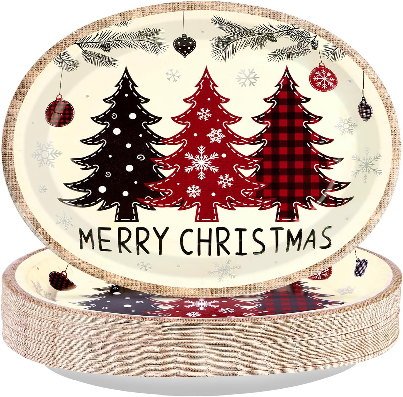 50Pcs Christmas Tree Oval Paper Plates 10" x 12" Large Heavy Duty Merry Xmas Tree Snowflake Disposable Plates Red Black Buffalo Plaid Christmas Platters for Winter Holiday Birthday Party Supplies