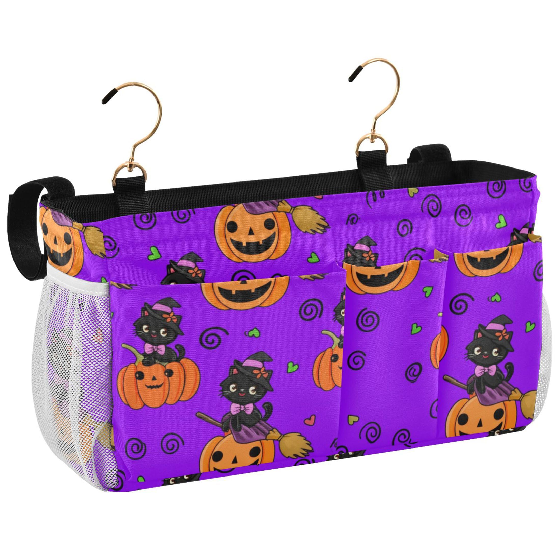 Burbuja Cat Sitting on Pumpkins Bedside Caddy Hanging Storage Organizer with 2 Straps and Hooks for Home College Dorm Bunk Bed Hospital Bed Crib