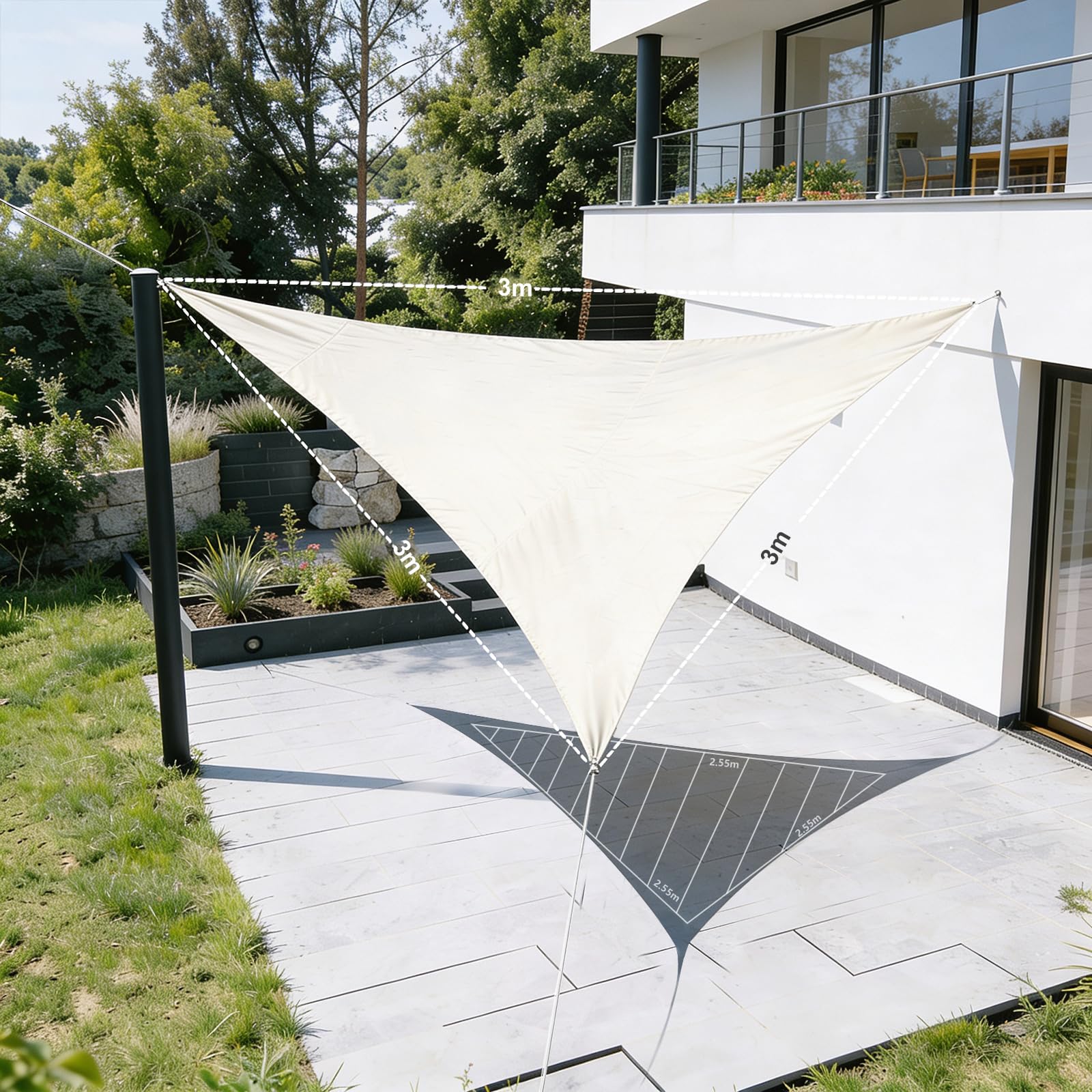 HAIKUS Tenda a Vela Impermeabile Triangolare 3x3x3 m, Protezione Raggi UV 98%, Telo Ombreggiante Triangolo 3x3 x3m, Tenda da Sole per Esterno Giardino Terrazzo, Bianca beige