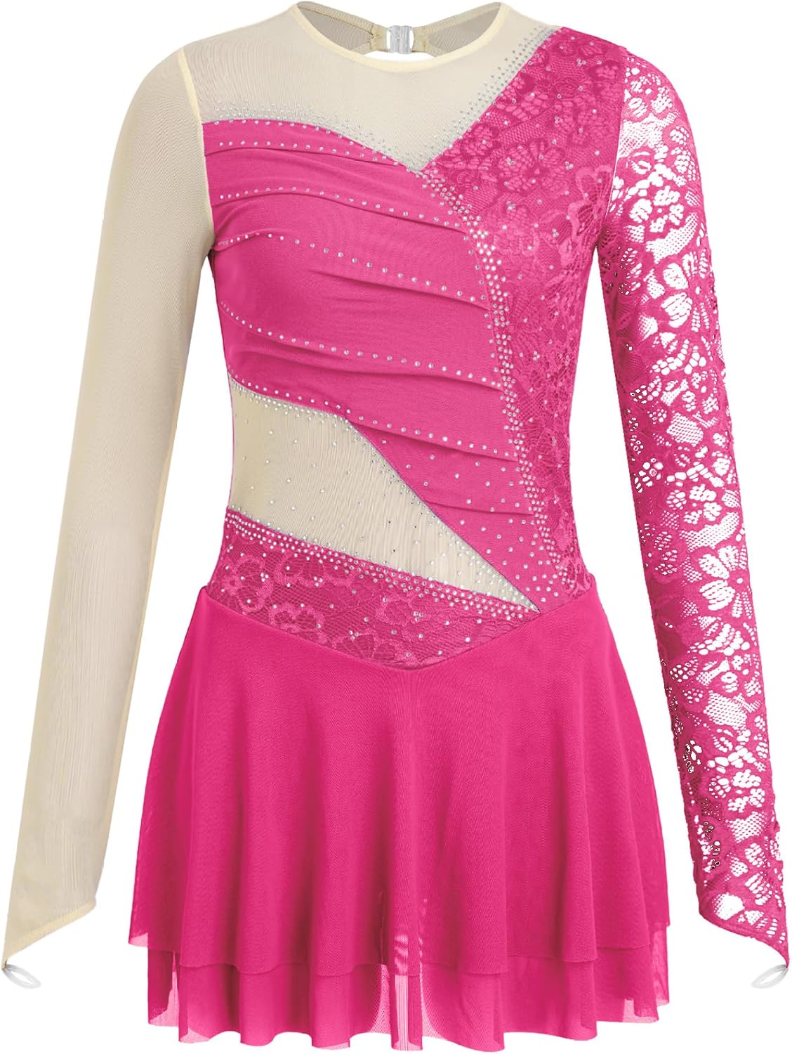 Women Figure Skating Dress Lyrical Dance Dress Floral Lace Patchwork Skirt Leotard Ballet Dancewear