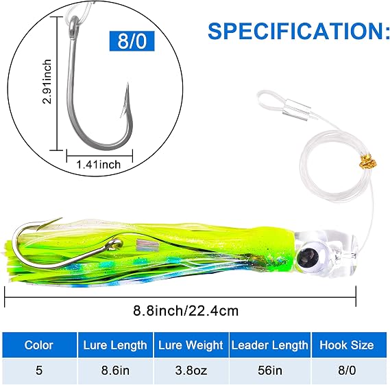 Saltwater Fishing Lures 6/9inch Trolling Lures for Marlin Mahi Tuna Dolphin Shark Big Game Deep Sea Fishing Baits Squid Skirts Rigged Hooks Ocean Gear Tackle