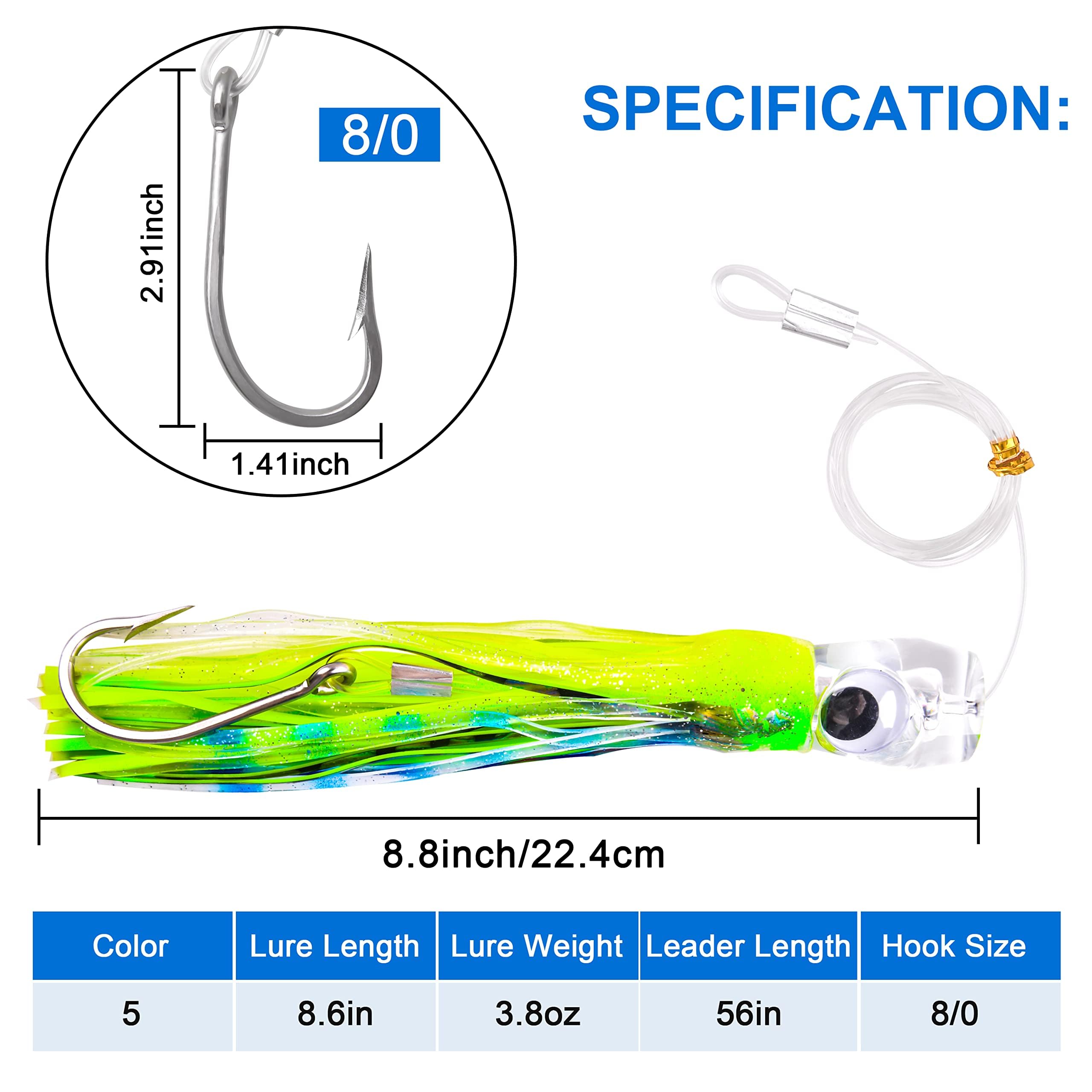 Leurres de Pêche à la Traîne Leurres de Pêche en Eau Salée, 5Pièces Offshore Big Game Leurres pour Mahi Tuna Marlin Dolphin Wahoo en Haute Mer Octopus Squid Skirts Rigged Hooks
