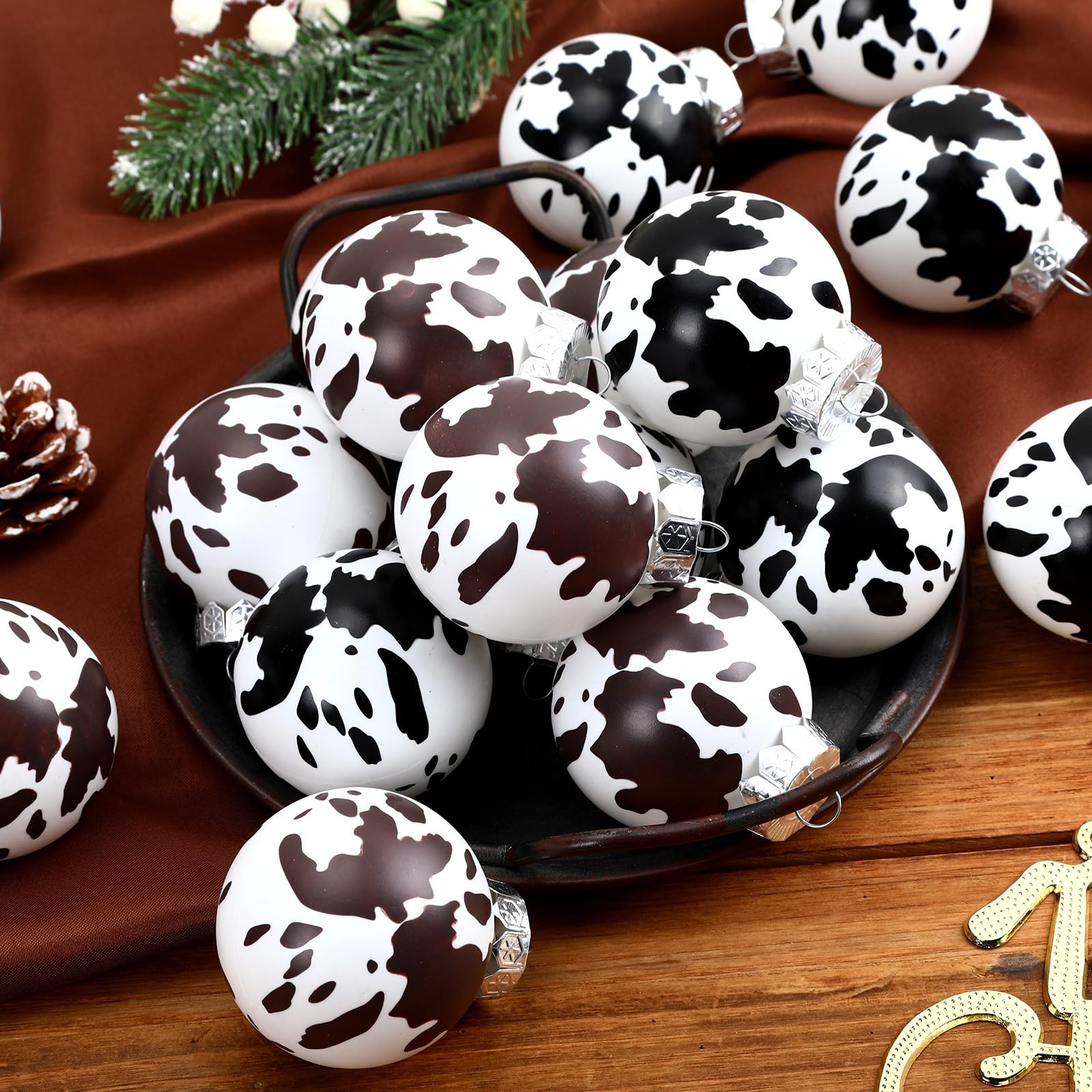Lot De 12 Boules De Noël En Cuir Imprimé Vache - Style Western Rustique - Diamètre 6 Cm - Décoration Sapin, Maison, Cadeau