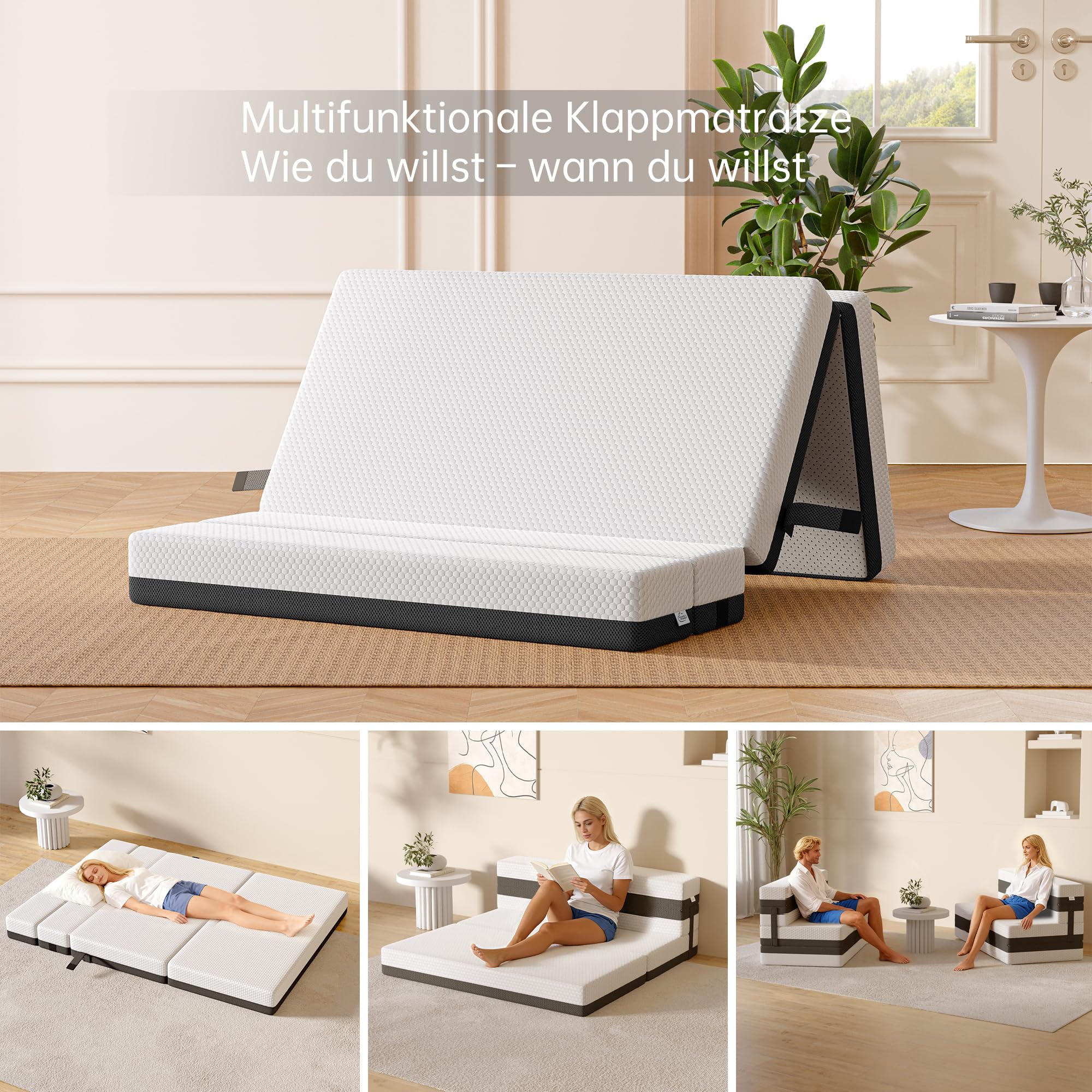 TeQsli Gel Faltmatratze 15 cm Höhe, Klappmatratze 120×200, 4-teilige Gästebett & 3-in-1 Schlafsofa mit waschbarem und abnehmbarem Bezug, Klappbett mit Öko-Tex & CertiPUR Zertifiziert