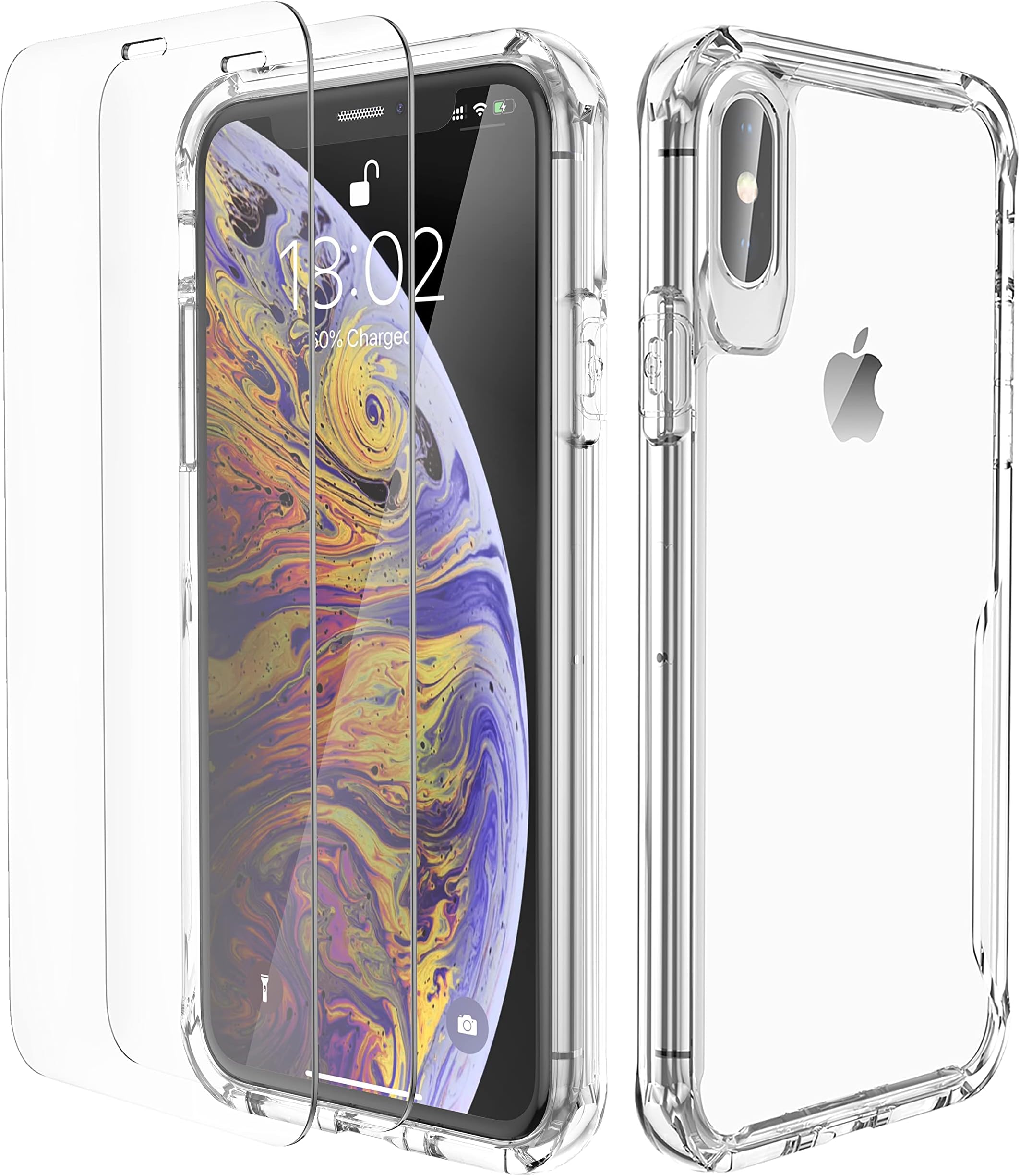 ORETECH Compatible with iPhone X/XS Case, with [2 x 9H Tempered Glass Screen Protector] Shockproof Drop Protection Ultra Thin Soft TPU + Hard PC Hybrid Transparent Case - Clear
