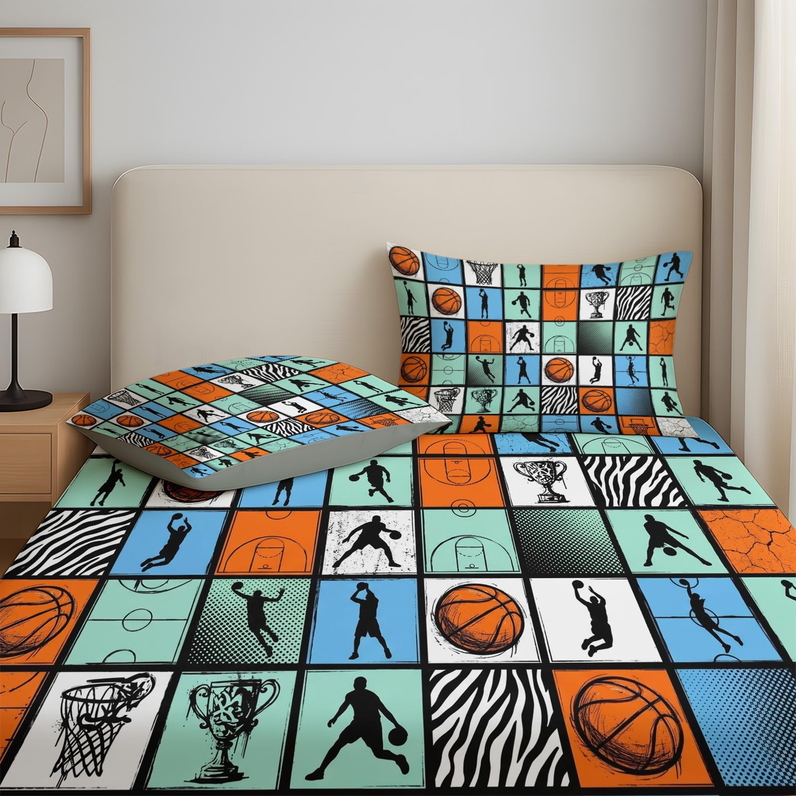 Pojedyncze prześcieradło z gumką, 90 x 190 cm, styl uliczny, dla sportowców, boisko sportowe, z głęboką kieszenią, głębokość 30 cm, zestaw pościeli z miękkiej mikrofibry, łatwe w pielęgnacji