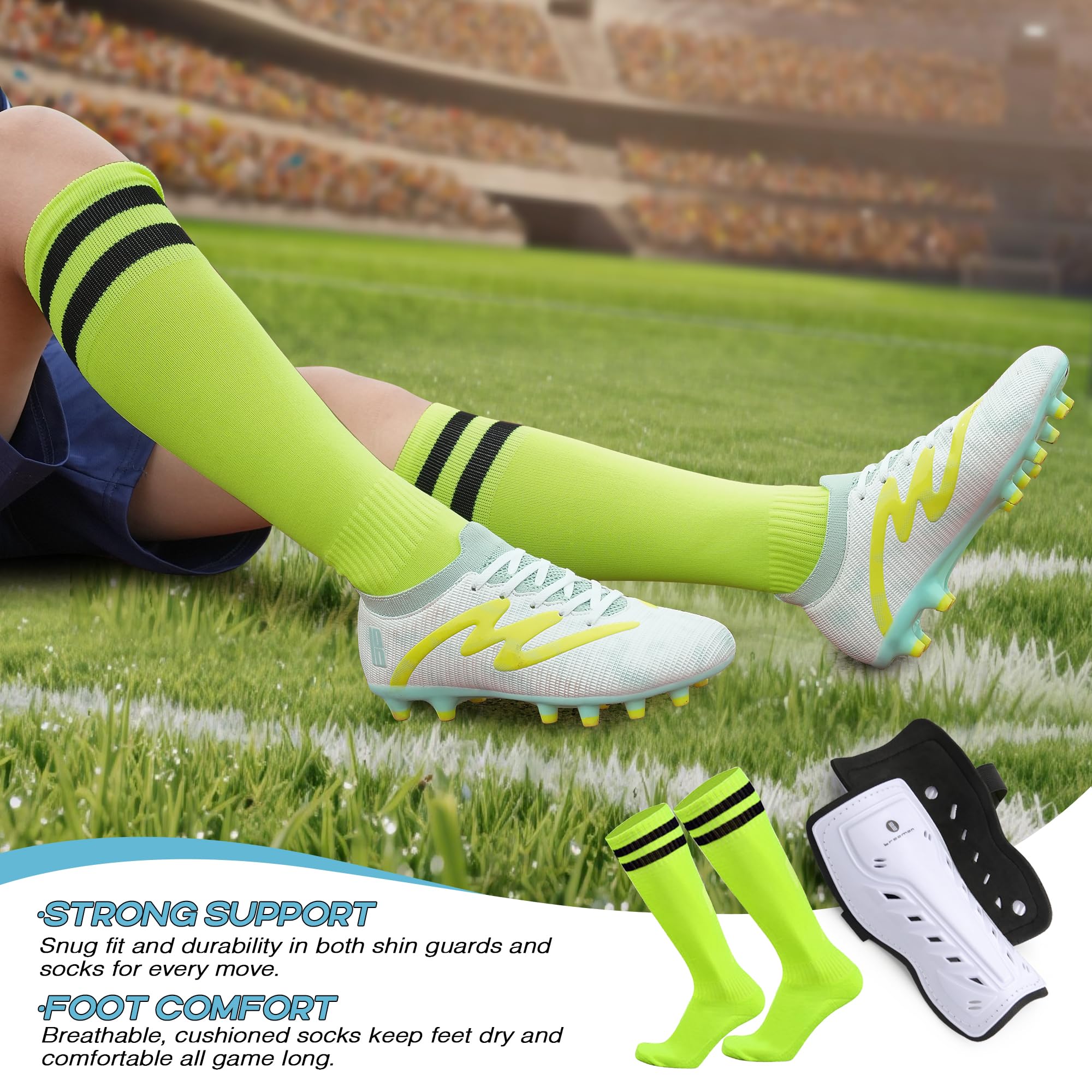 brooman Kids Firm Ground Soccer Cleats Boys Girls Football Shoes with Shin Guards and Soccer Socks