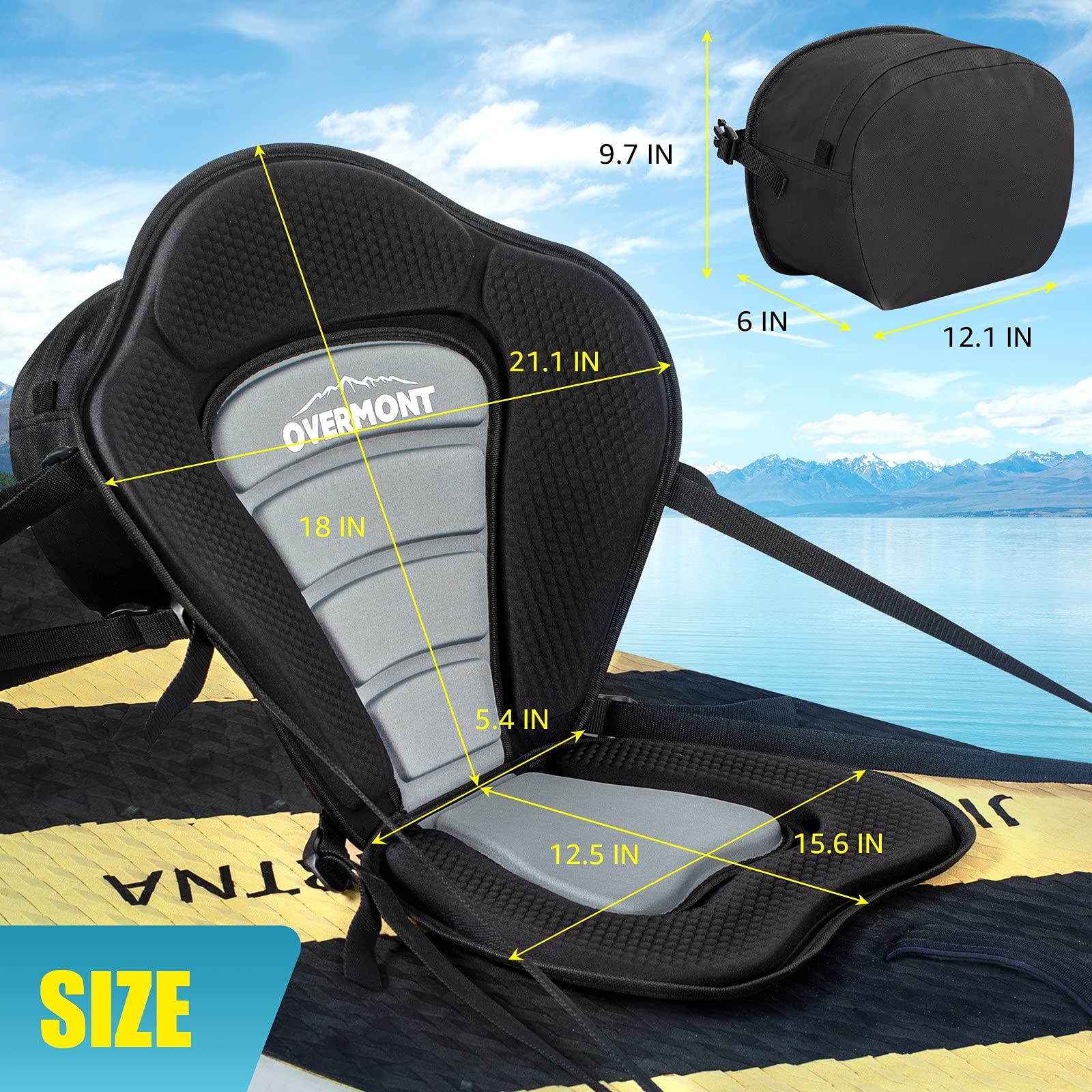 Overmont Universal Sit-On-Top Kayak Seat with Back Support Premium Foam Padded Adjustable Boat Seat for Kayaking Fishing SUP Paddleboard with Detachable Storage Bag