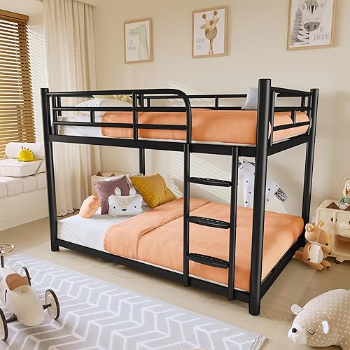 Miniatura 8 de Litera de metal, literas de tamaño matrimonial sobre tamaño matrimonial con escalera ancha extraíble y barandillas de longitud completa, marco de