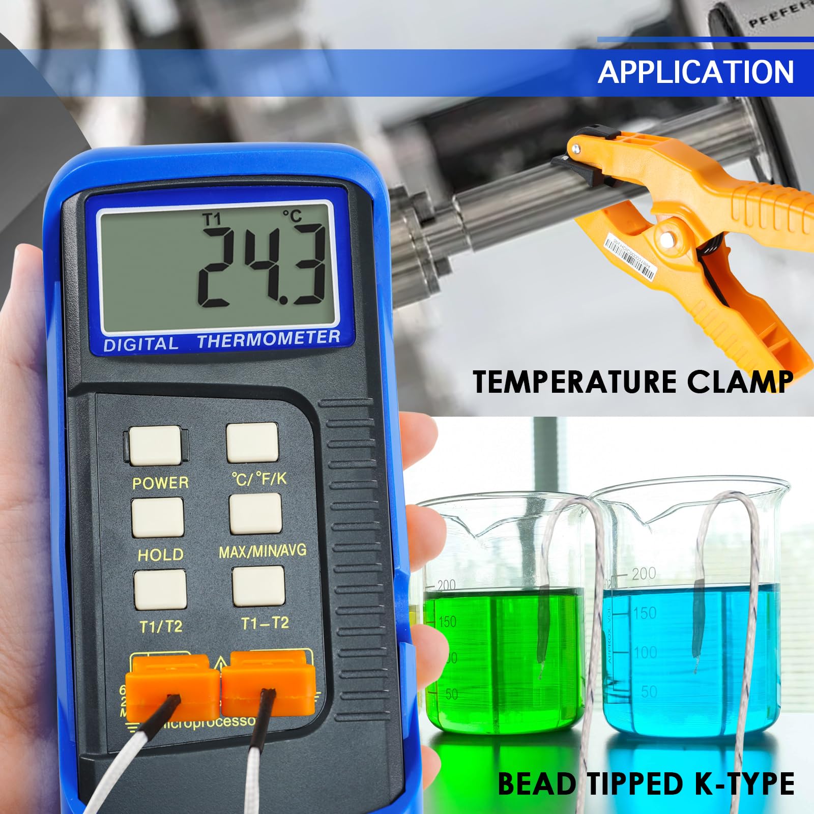 Termómetro digital de dos canales con termopar tipo K de -50 a 1300 °C, incluye abrazadera de temperatura y sondas con cable, medición de la diferencia y máx/min/AVG y diferencia para hornos, hornos