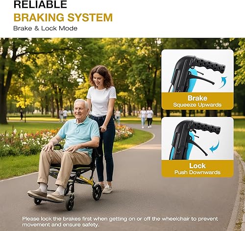 Miniatura 6 de Sillas de ruedas para adultos, silla de transporte ligera plegable con mango telescópico, 17 pulgadas de ancho, compactas, portátiles, plegables,