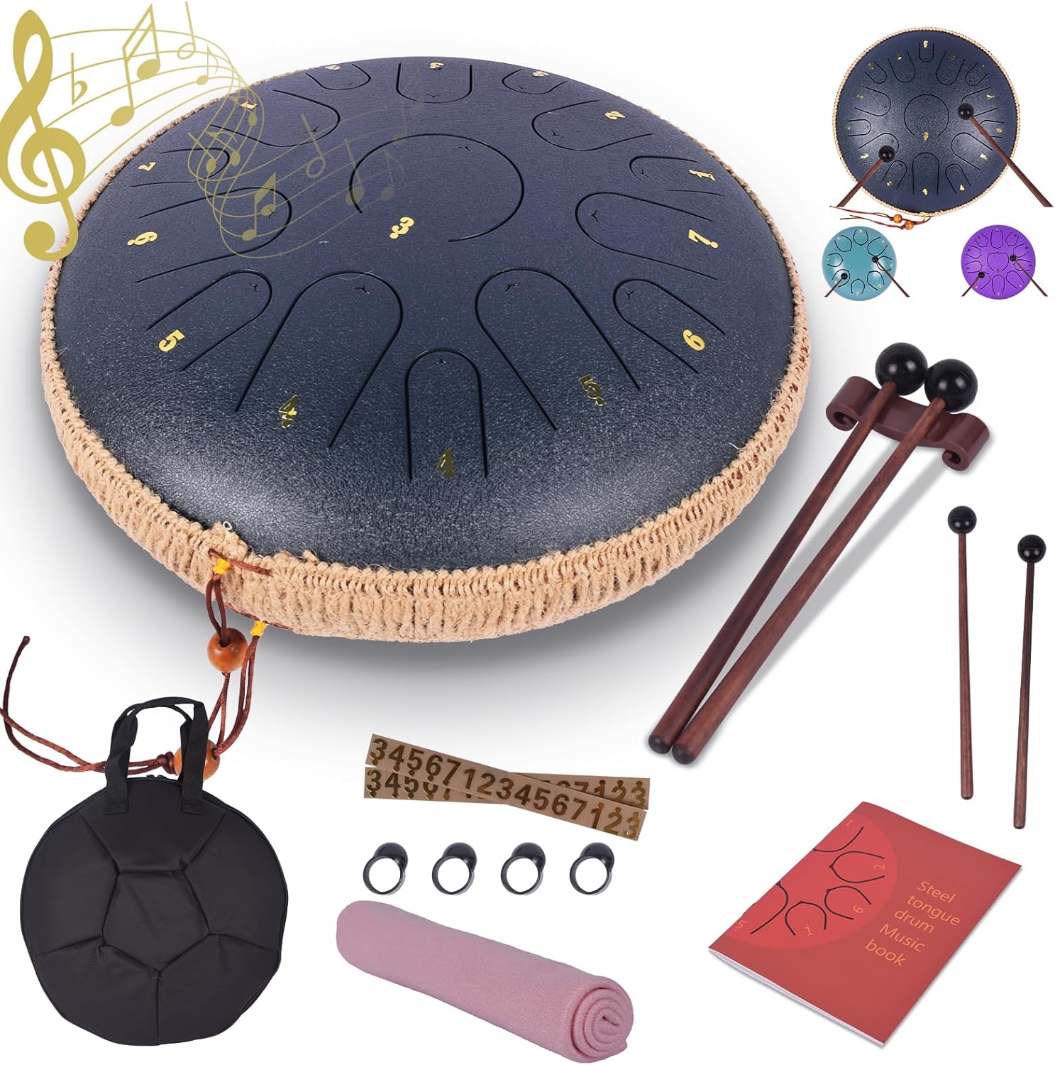 Steel Tongue Drum - 14 Inches 15 Notes Rain Drum -Large Metal Hand Pan Drum for Adults/Kids with Music Book, Handpan Mallets and Carry Bag,C Major Musical Instrument(Navy Blue)