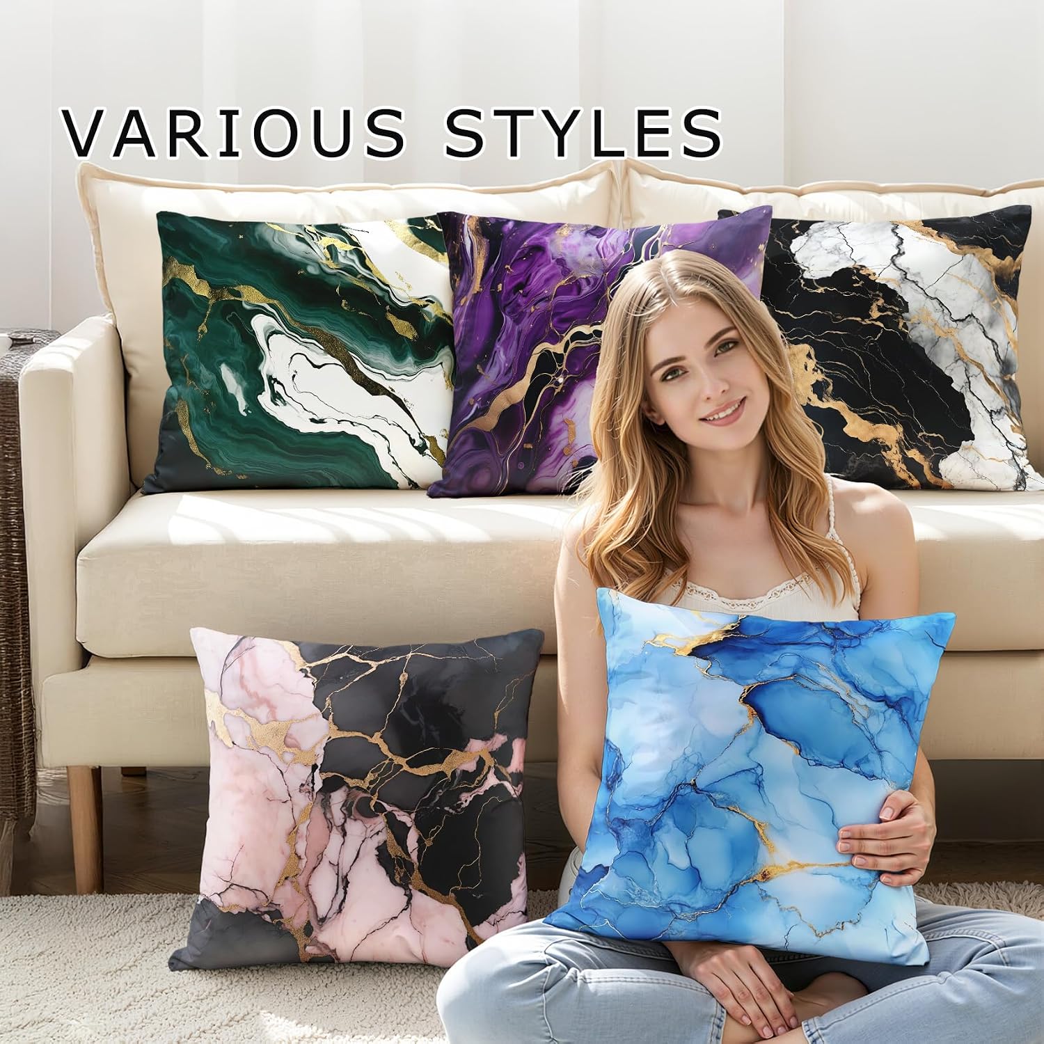 Marble Throw Pillow Covers 18x18 - Blue Gold Abstract Modern Pillow Cases Set of 2 Double Sided Print, Soft Sofa Pillowcases for Living Room Decor #M095
