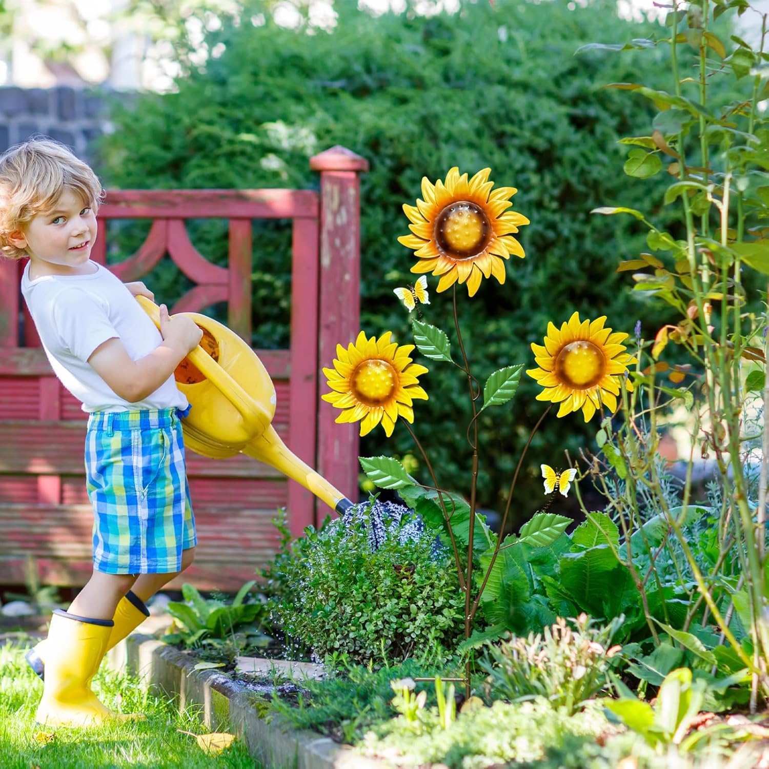 30" Metal Flowers for Outside Garden Stakes Decorative - 3-Head Sunflower Metal Yard Art Outdoor and Garden Decor, Spring Lawn Ornaments for Porch Backyard Patio, Rustproof Garden Gifts
