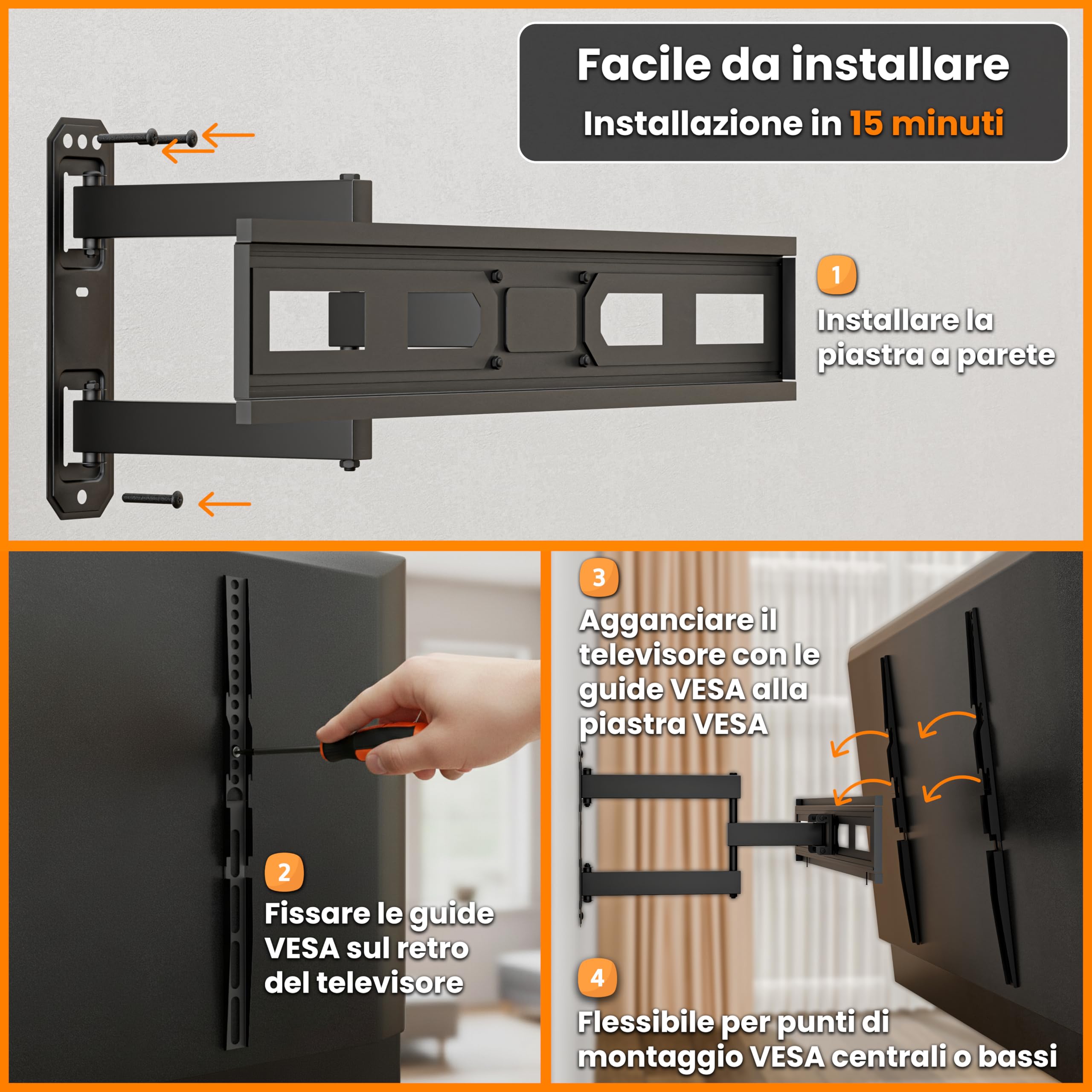 EasyLife TV Supporto da Parete FlexMount E70 Single 37–70 Pollici – Girevole, Inclinabile, Design a 1 Braccio, VESA 600x400, Capacità 35KG – Supporto TV per LED, LCD, OLED, 4K con Gestione Dei Cavi