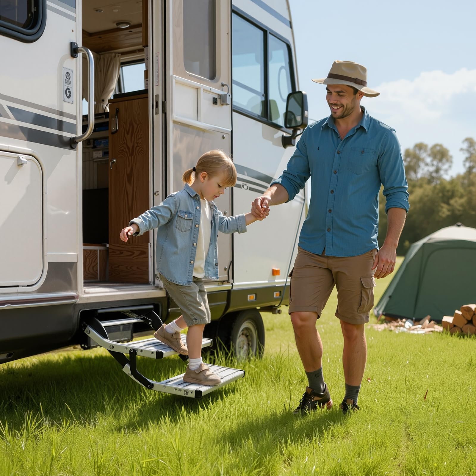 VEVOR Escalón para Autocaravana Manual de 2 Peldaños, Escalera Plegable Retráctil Carga de 199,58 kg, con Estructura de Acero y Escalones de Aleación de Aluminio, para Caravana, Remolque de Viaje