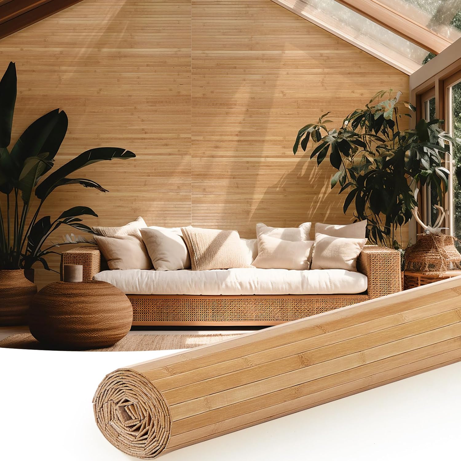 Juexica 1 Pcs Natural Bamboo Wall Panel for Interior Wall 48'' x 96'' Bamboo Covering Renewable Pole Wainscoting Room Divider Decor for Bedroom Living Room Kitchen Island Office (Carbonized) 1 Carbonized