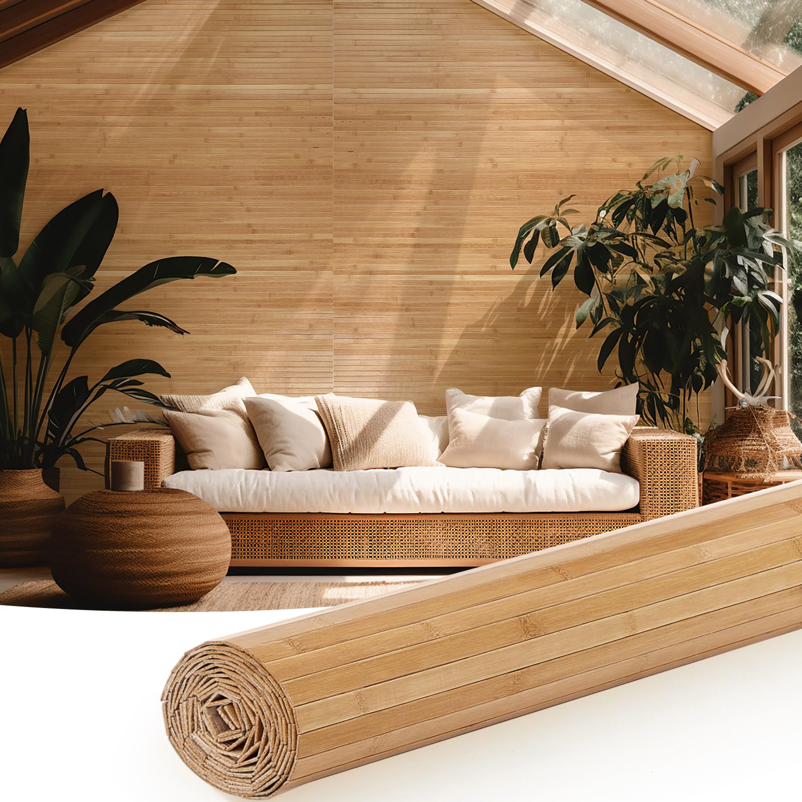 Juexica 1 Pcs Natural Bamboo Wall Panel for Interior Wall 48'' x 96'' Bamboo Covering Renewable Pole Wainscoting Room Divider Decor for Bedroom Living