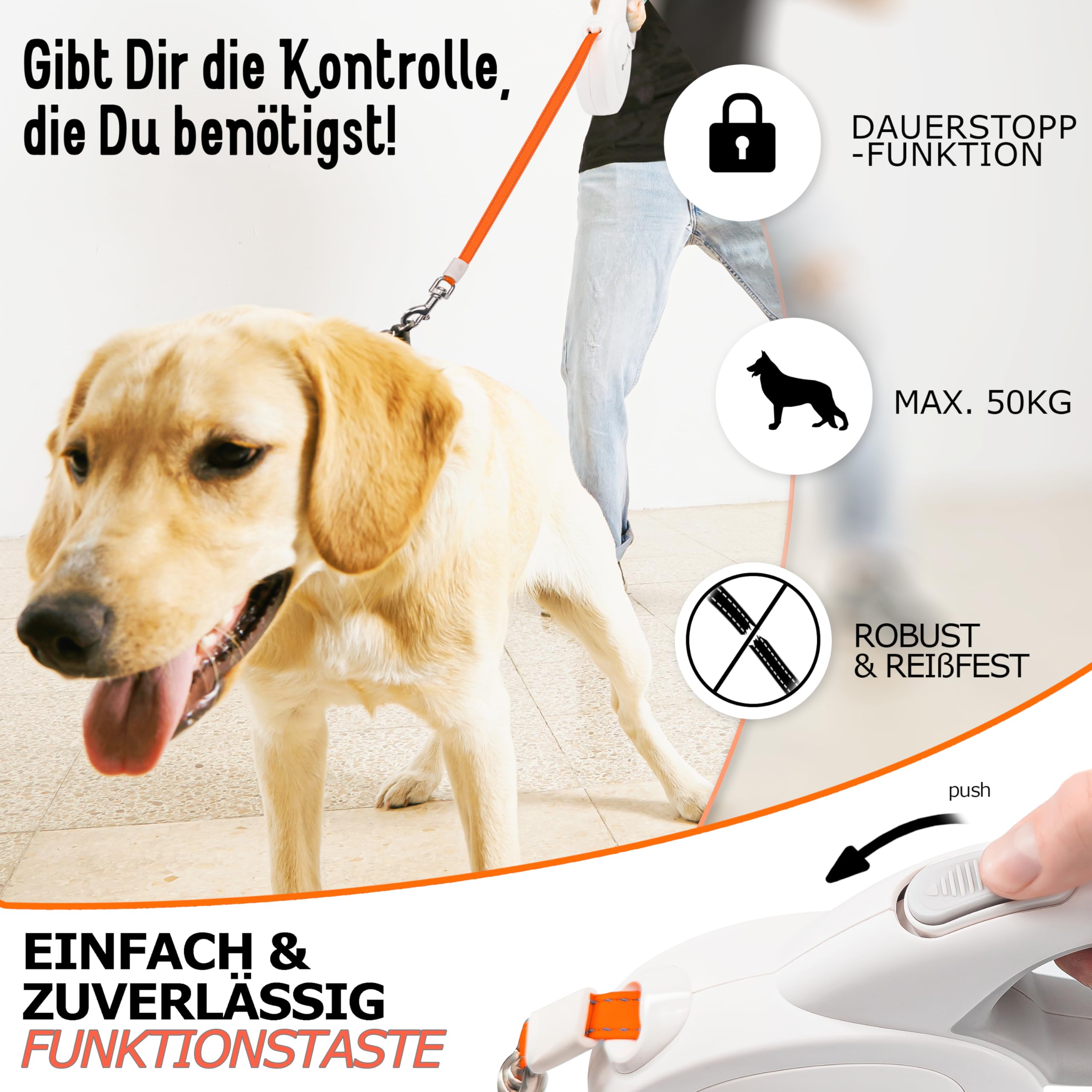 8m Lange Hundeleine für Hunde bis 50kg, Flexible Rollleine Neon-Orange Leuchtender Reflektor-Gurt mit 360° Karabinerhaken Metall, Ergonomischer Griff Grau Gummiert & Einzugs-Bremse, Weiß