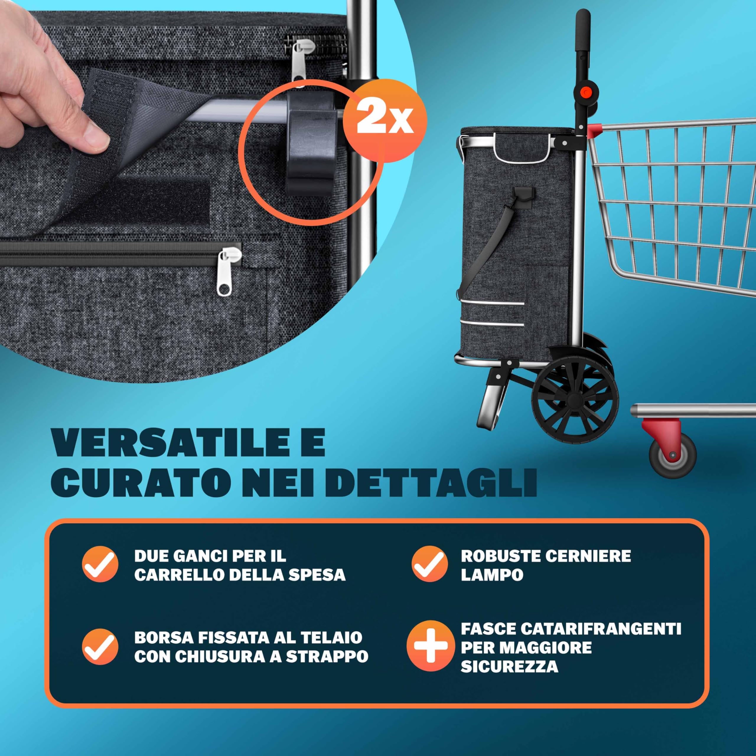 MONZANA Carrello della Spesa 3in1 56L fino a 50 kg Borsa Pieghevole Rimovibile Carrellino Portaspesa Trolley Nero
