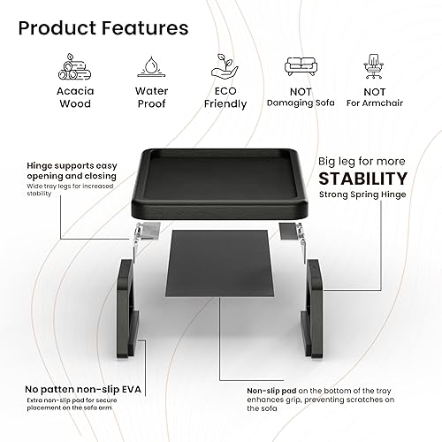 Miniatura 3 de Tinamo Bandeja de brazo de sofá de acacia, mesa rectangular para reposabrazos de sofá, accesorios de sofá, organizador para sillón, bandeja con clip