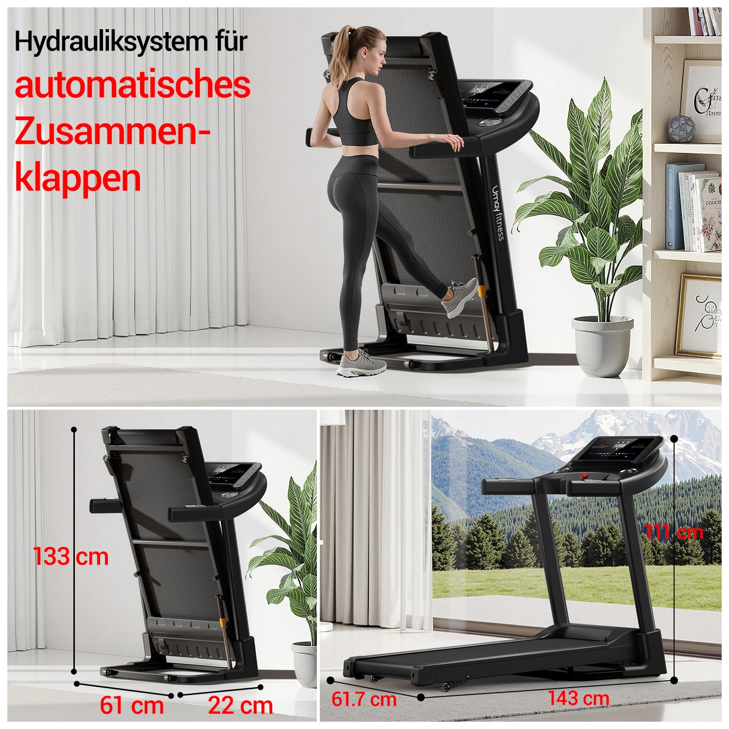 CURSOR Laufband für Zuhause mit 20% Automatischer Steigung, 14 KM/H | 14 KM/H Laufbänder mit 4-stufig verstellbarer Konsole, 3.5 HP Treadmill for Home mit LED-Anzeige, Max. 180 KG