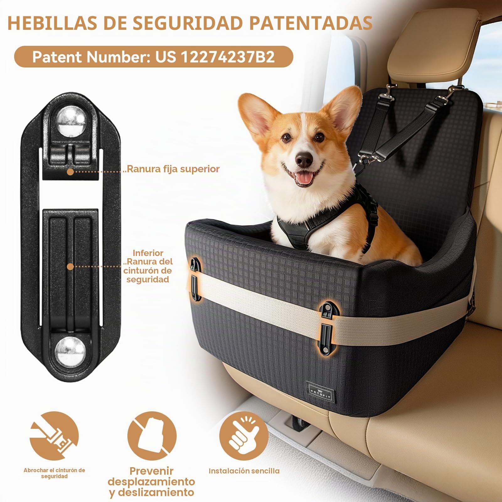 PETSFIT Asiento Elevado para Perros Pequeños/Medianos hasta 15 kg – Sistema de Seguridad Patentado, Cojín Viscoelástico de 13 cm, Desmontable y Lavable con 2 Bolsillos(Negro)