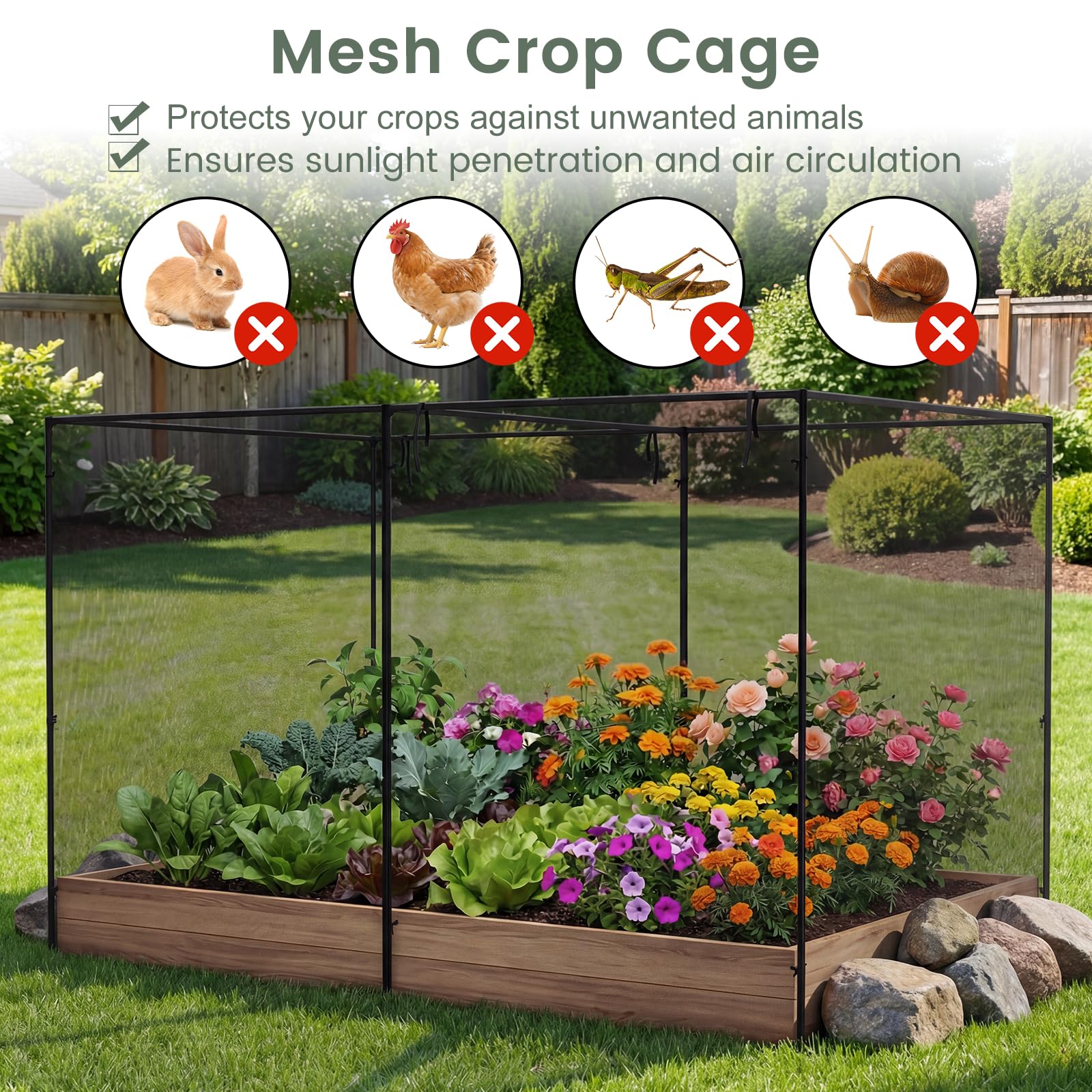 HOMASIS Pflanzenschutzzelt, Insektenschutznetz mit Metallrahmen, Gartennetz mit Tragetasche & Rolltor, Pflanzenschutzkäfig mit Metallheringen, Pflanzenzelt für Garten & Terrasse, 310x200x200cm