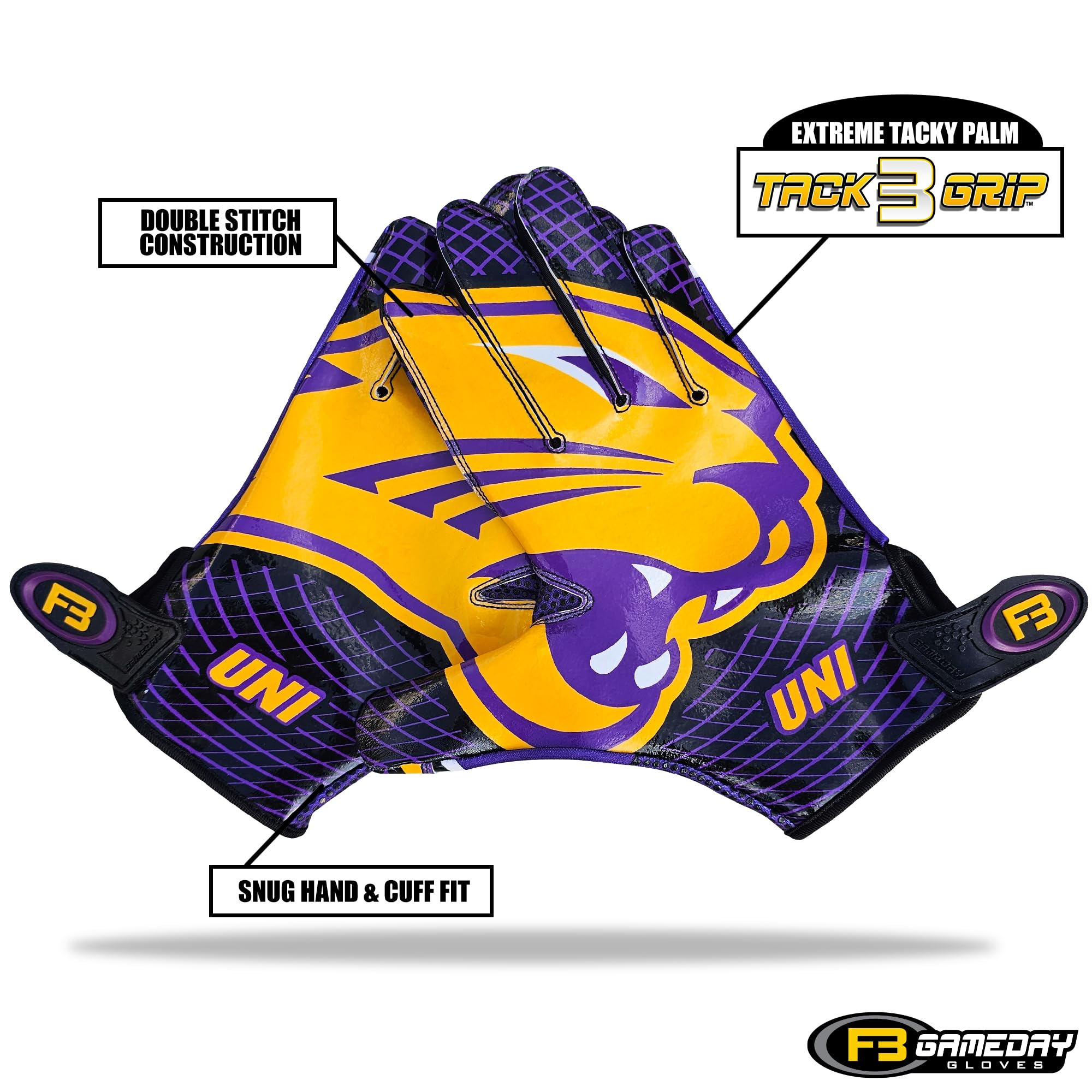 Scale Wear Design University of Northern Iowa Panthers Football Gloves with Super Stick-Tach Silicone Grip Palms. Men's & Youth Boys Sticky Football Receiver Gloves (Black, Youth-L)