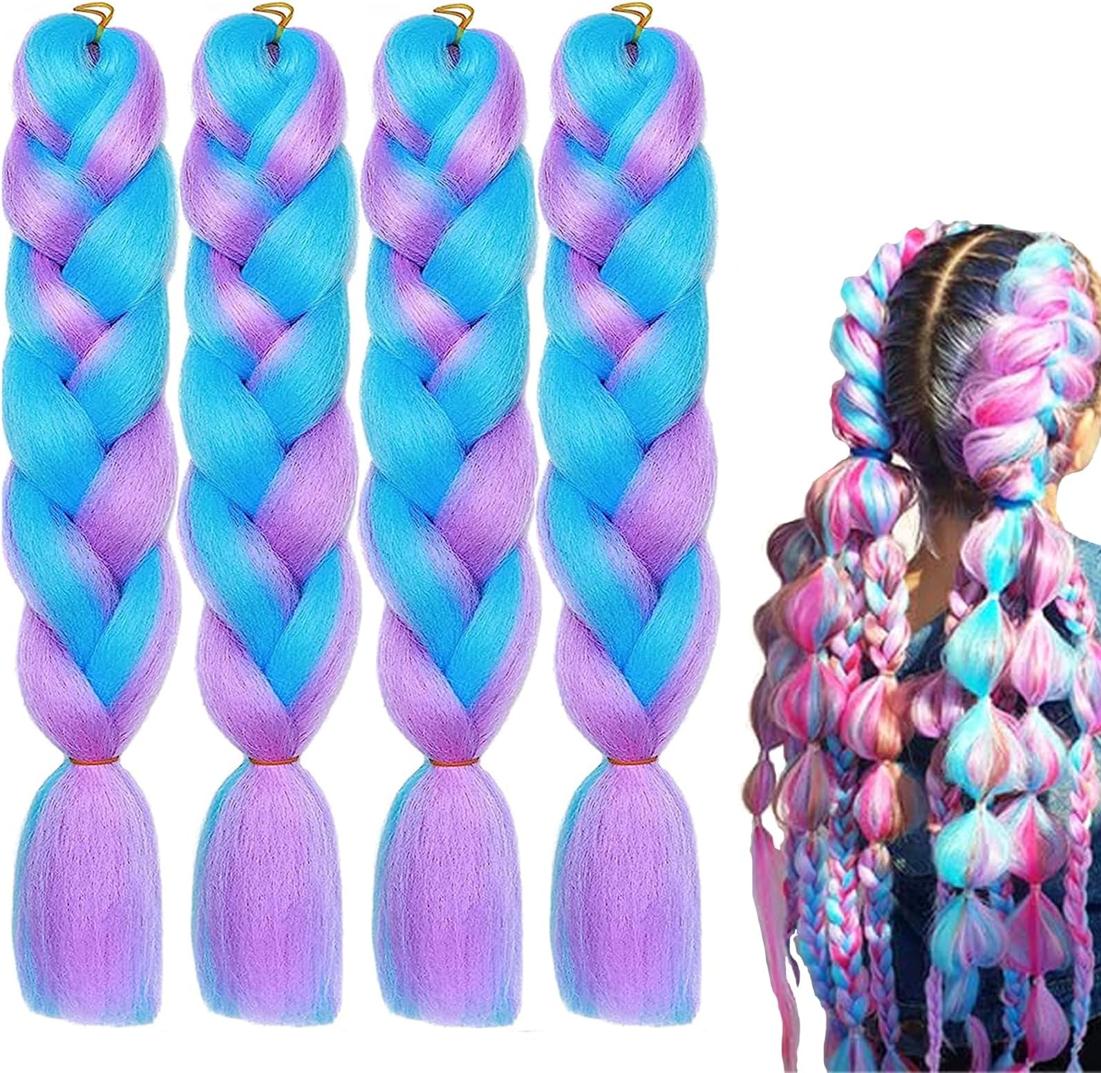 Braiding Hair Fiber Mix Four Silky Colorful Twist Rainbow Colors Extensions Synthetic Hair Blue-Light Purple-Pink Soft Healthy Girls Women Party (24 Inch 4pcs)
