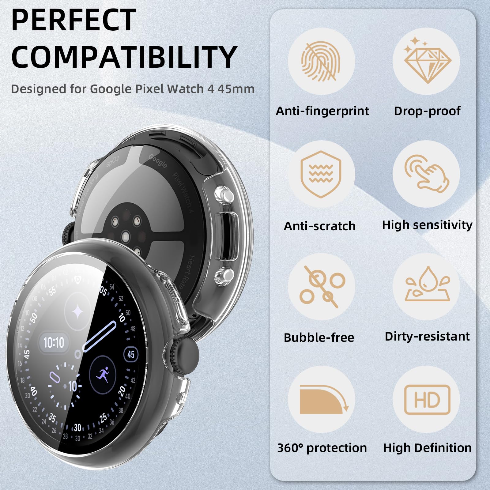 Etui kompatybilne z Google Pixel Watch 4 45 mm, twarde etui z poliwęglanu z osłoną ekranu ze szkła hartowanego, ochrona przed zarysowaniami i amortyzacją wstrząsów do Pixel Watch 4 45 mm