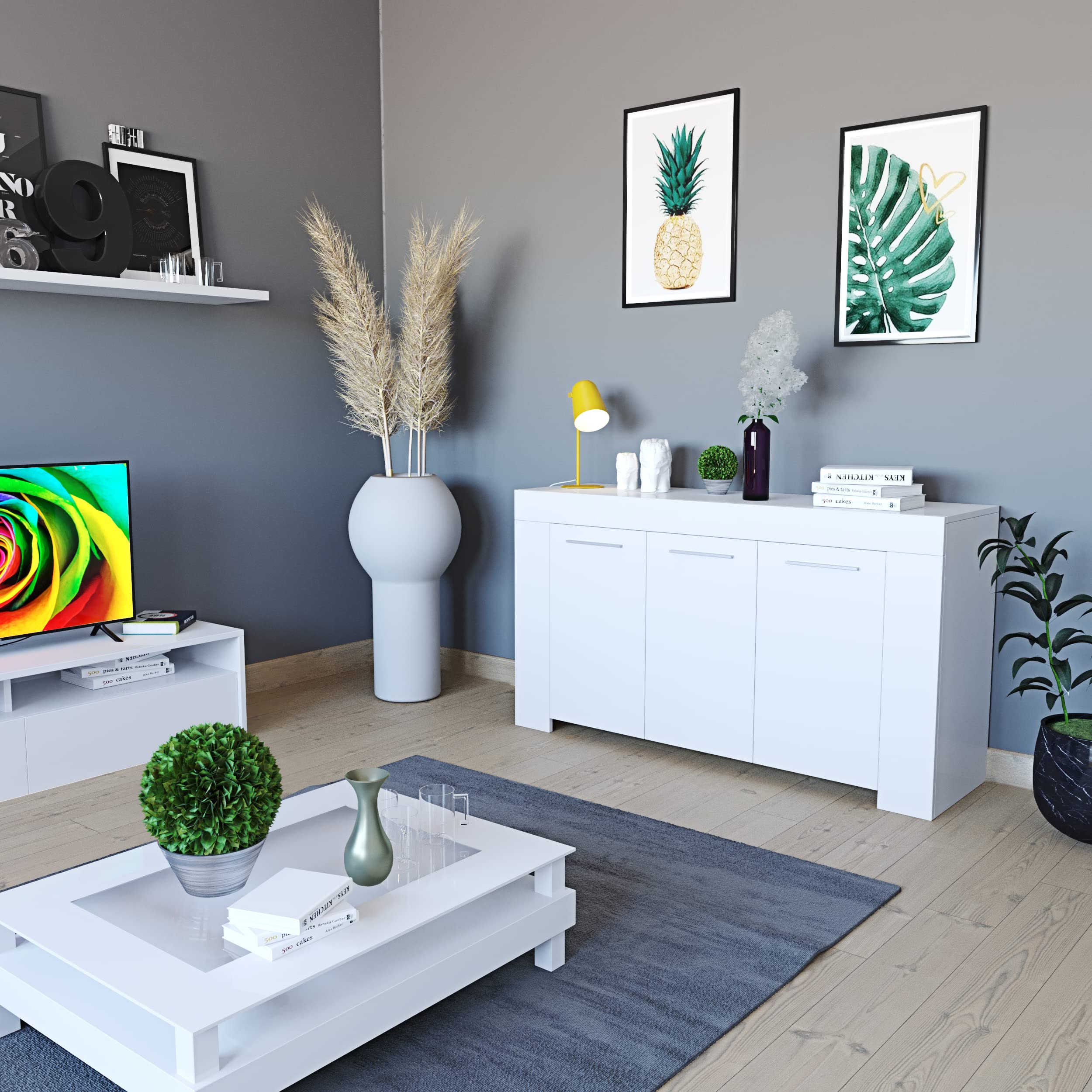 EGLEMTEK Nairobi Kredence 3 Drzwi, Kuchnia Salon Kuchnia, Wiara z Przedziałami Wielu Przestrzeń i 5 półek, Szafka Drewno, 144 x 80 x 42 cm, Kolor Biały