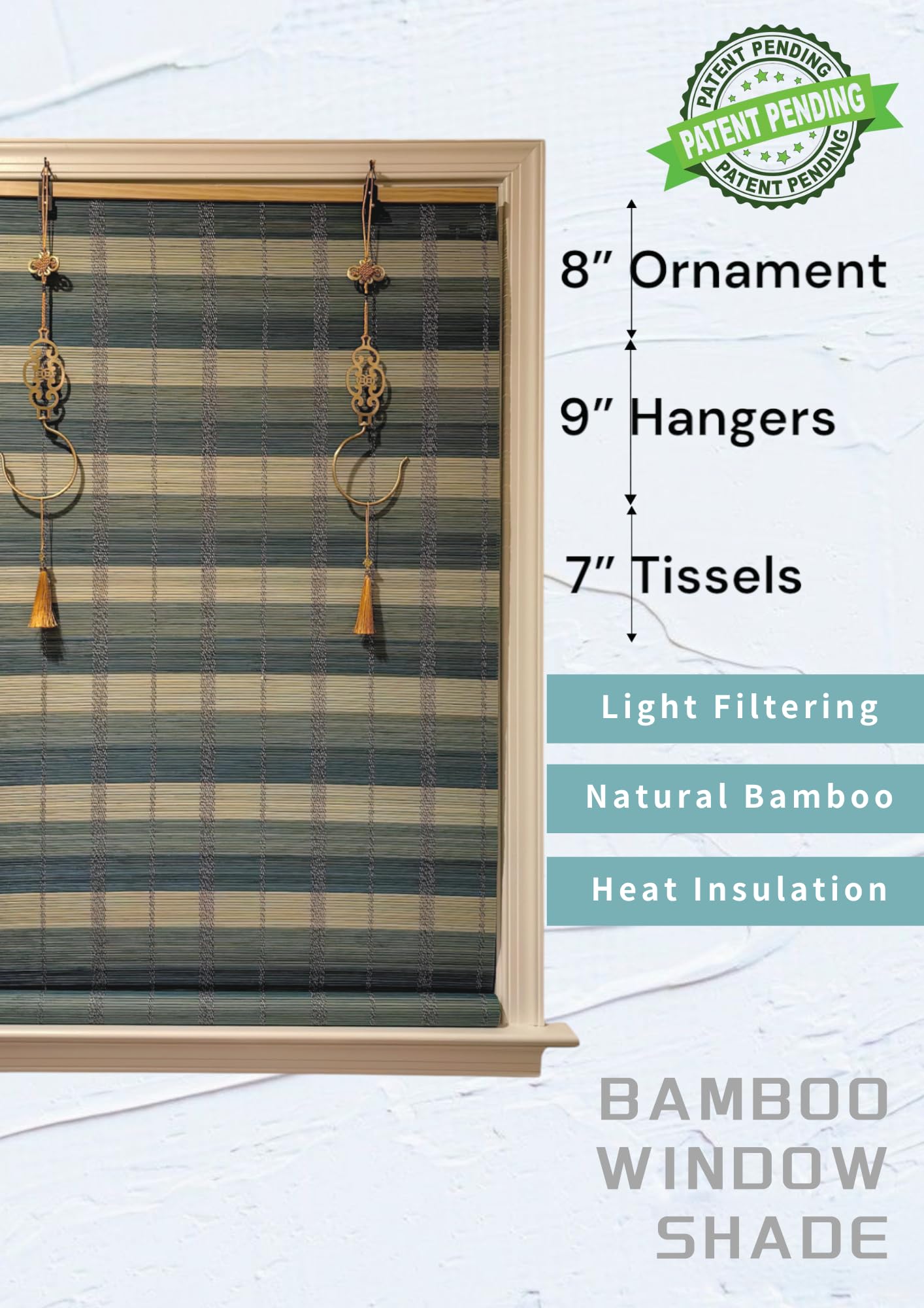 THY COLLECTIBLES Cordless Bamboo Window Blind Sun Shade, Light Filtering Roller Shades with Oriental Themed Decorative Brass Hooks (Cyan, W24 X H72)