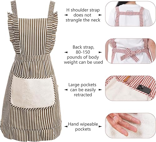 Miniatura 2 de Bonito delantal de algodón para mujer, delantales de cocina con pechera ajustable con bolsillos para hacer barbacoas, dibujar, hornear