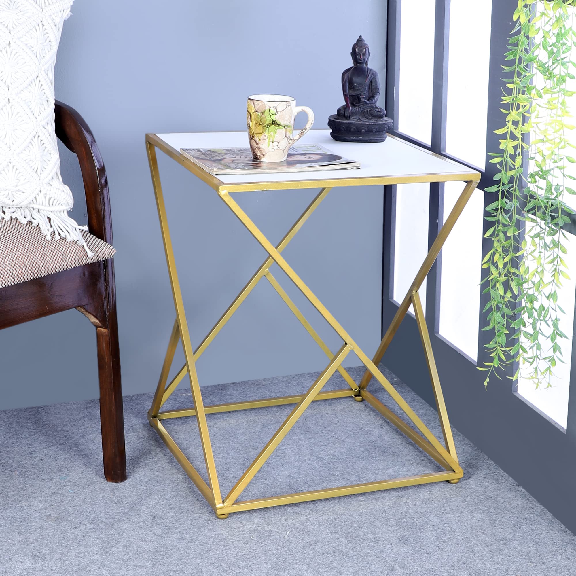 THE URBAN STORE Side Table, End Table, Night Stand Wood Metal Combination Golden and White Color 15"x15"x22" Pack of One Contemporary Style Elegantly Hand Crafted for Home and Office Decor TUSTBM04