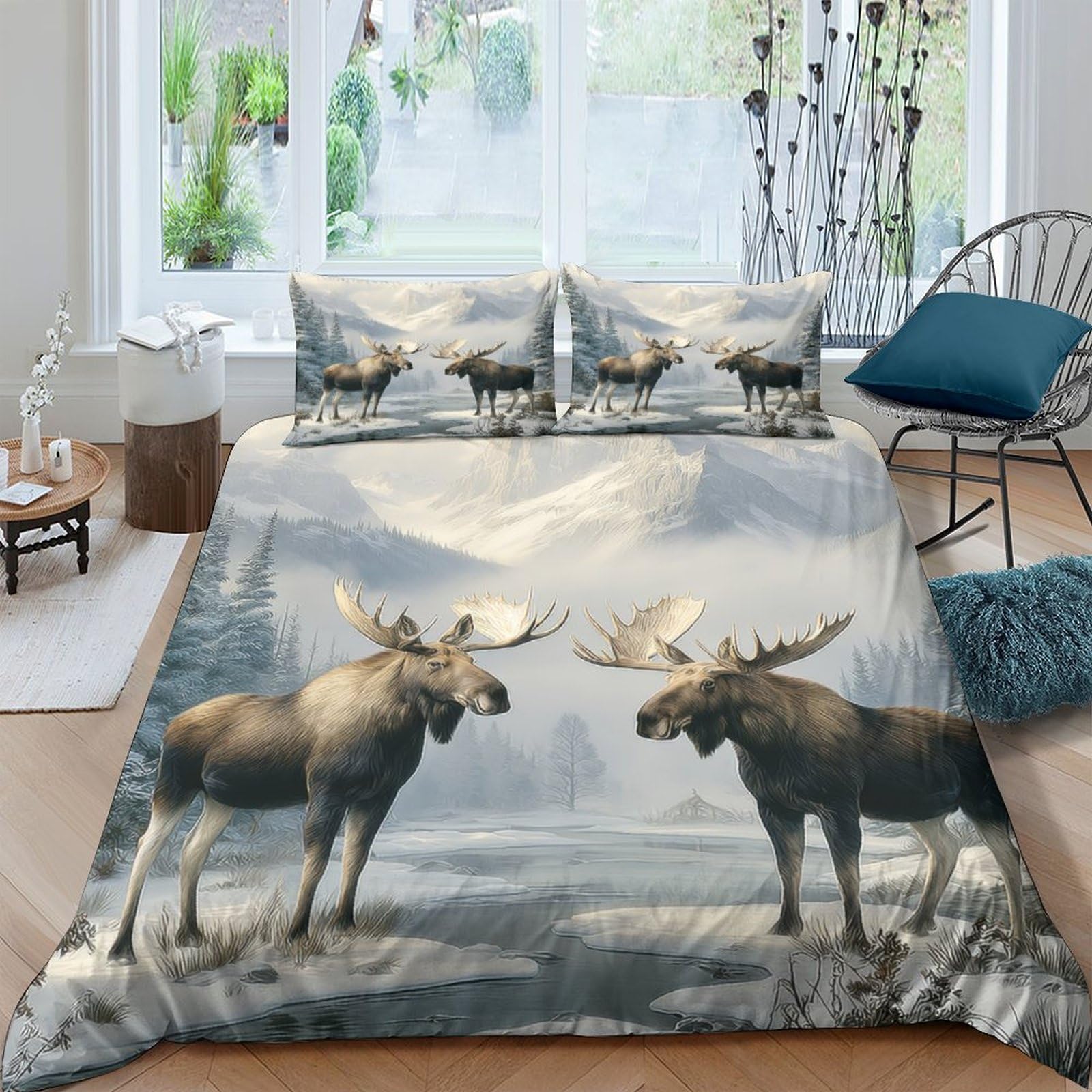 Ctjqhvkz Style-5 3D Printed Forest Moose Fitted Sheet Microfiber Soft Bedroom Decor Lake Scene Mattress Cover Easy Care Single（135X200cm）