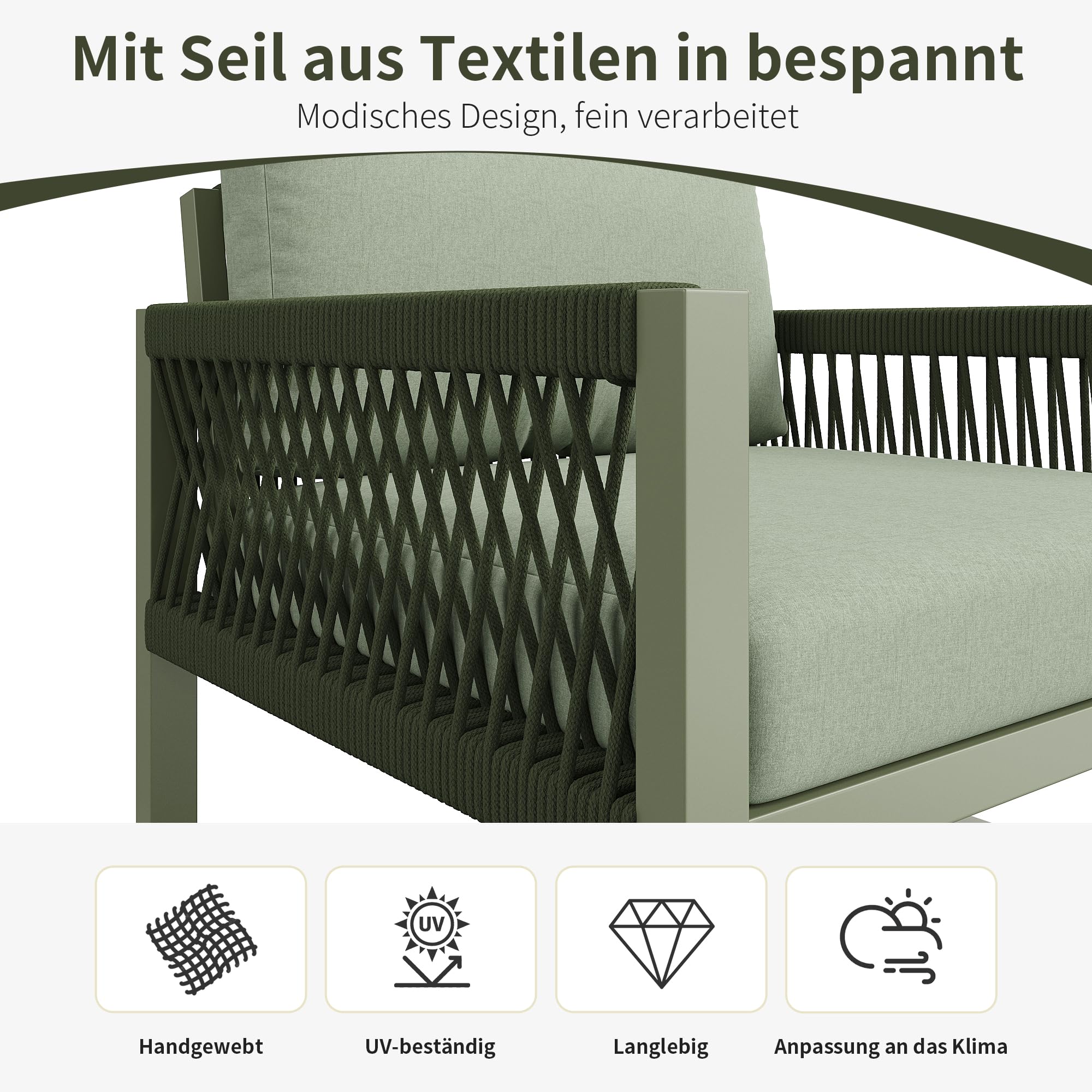 Kayan Set di mobili da giardino resistenti alle intemperie, per 4 persone, per esterni, con cuscini, 2 poltrone, panca da giardino, tavolo, con telaio in ferro zincato, per giardino, terrazza, balcone