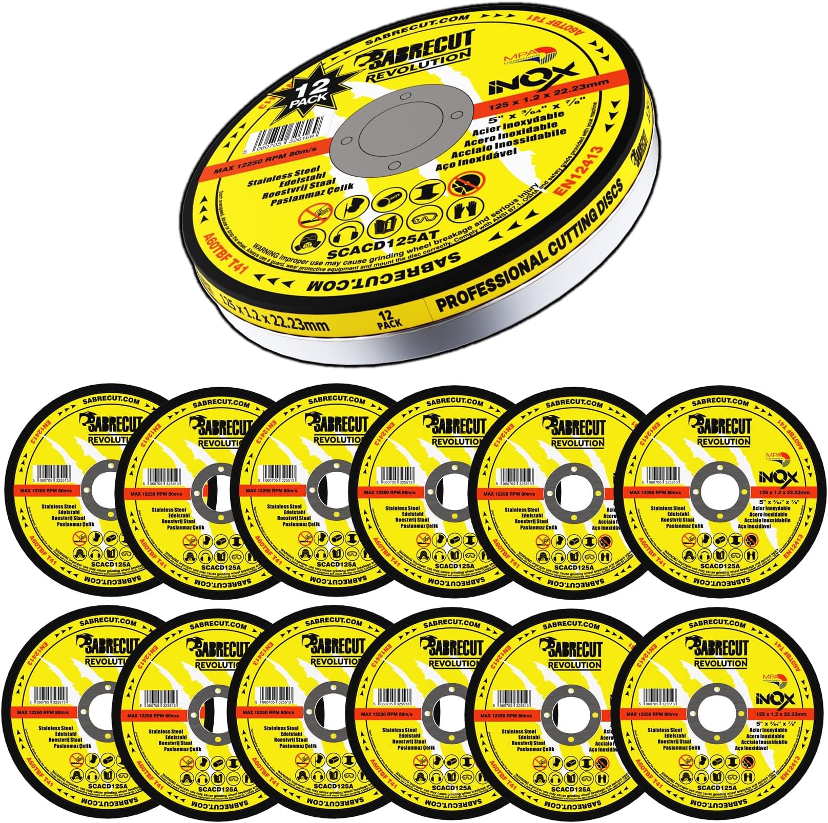 12 x SabreCut SCACD125AT 125mm (5") x 22.23mm Bore Abrasive Stainless Steel INOX Cutting Angle Grinder Circular Saw Discs Box Set Compatible with Bosch Dewalt Makita Milwaukee and Many Others