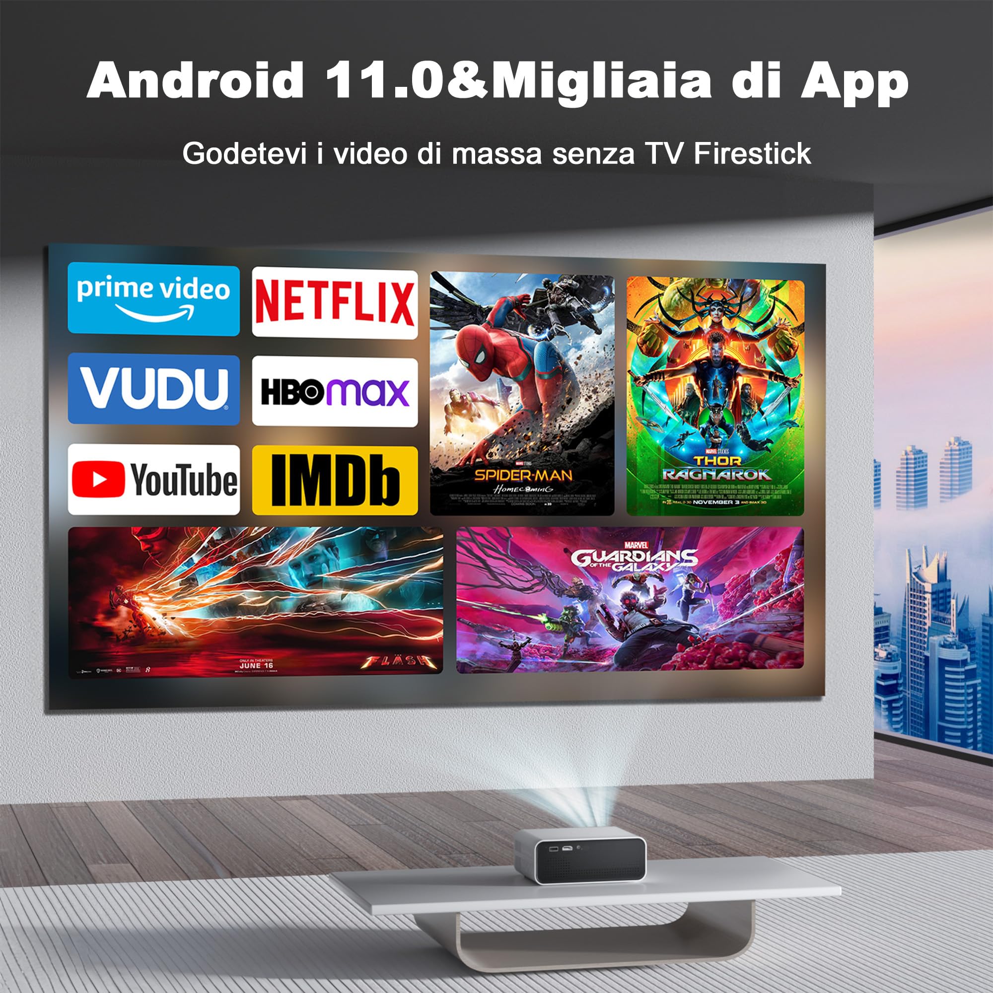 Mini Proiettore 4K Supporta, VISULAPEX Proiettore Android 11 WiFi 6 BT 5.2 12000 Lumens, Mini Proiettore Portatile Home Cinema per Smartphone/iOS/Android/TV Stick/HDMI/USB