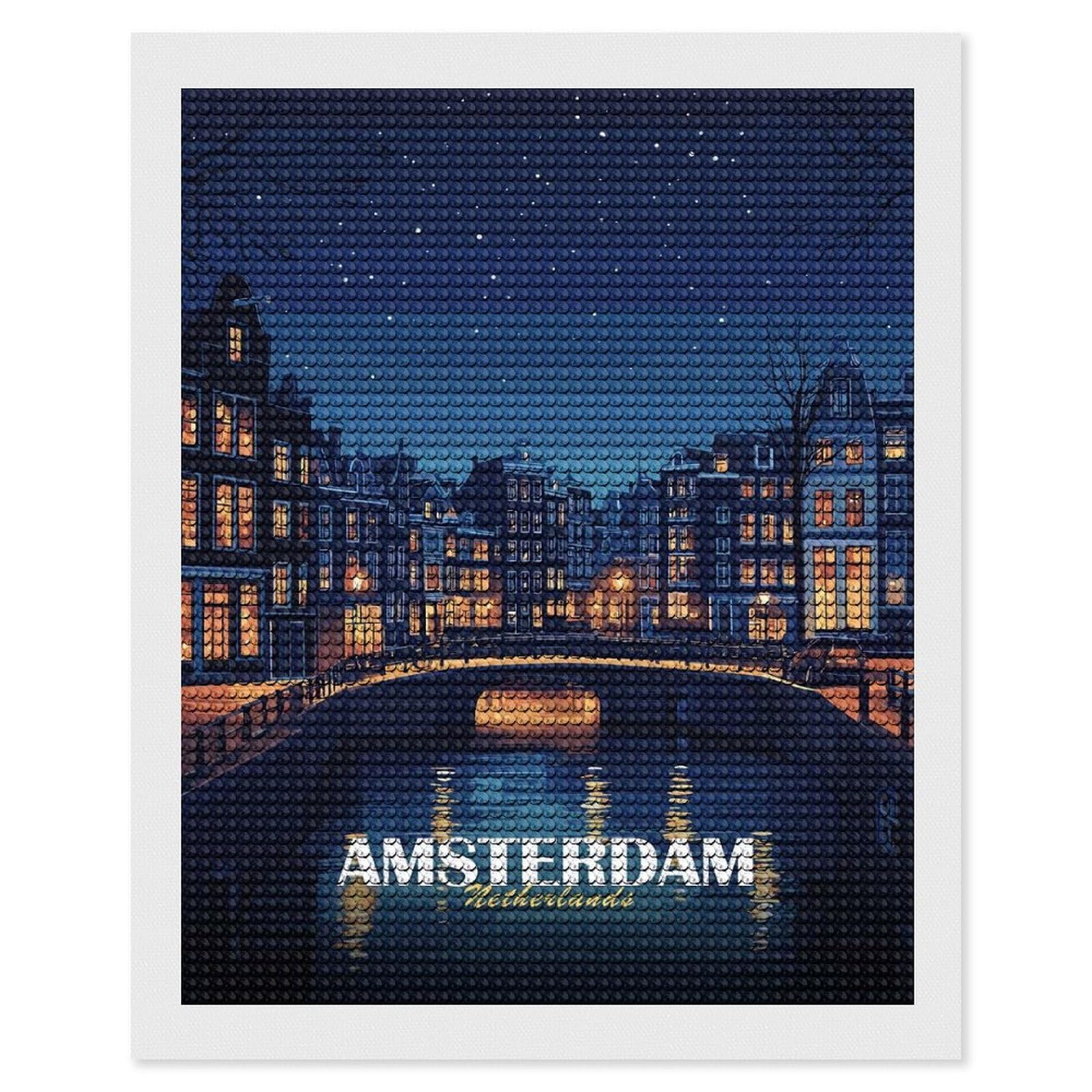 Junmoney Amsterdam Netherlands Night Cityscape Diamond Art Kit 16"x20", Modern Decor, for Adults, Printed Canvas, Holiday Gift Idea, Fun Craft Experience