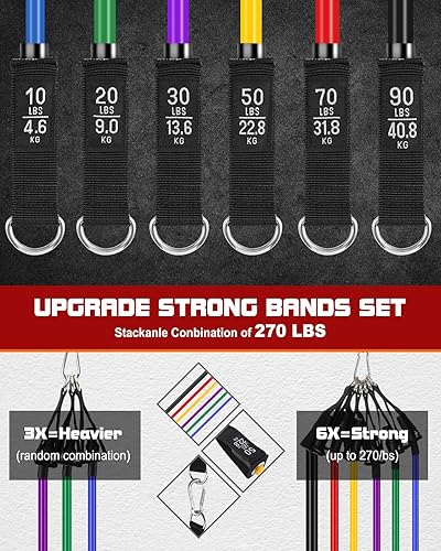 Miniatura 2 de 6Pcs Resistance Bands, Workout Bands 270lbs, Exercise Bands with Handles/Door Anchor/Ankle Straps/Bag/Poster for Men, Heavy Resistance Bands for