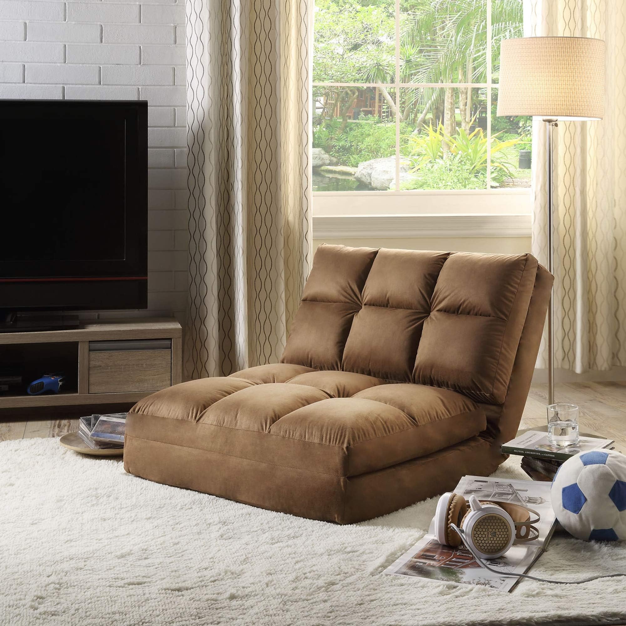 Loungie Micro-Suede 5-Position Adjustable Convertible Flip Chair, Sleeper Dorm Bed Couch Lounger Sofa, Brown