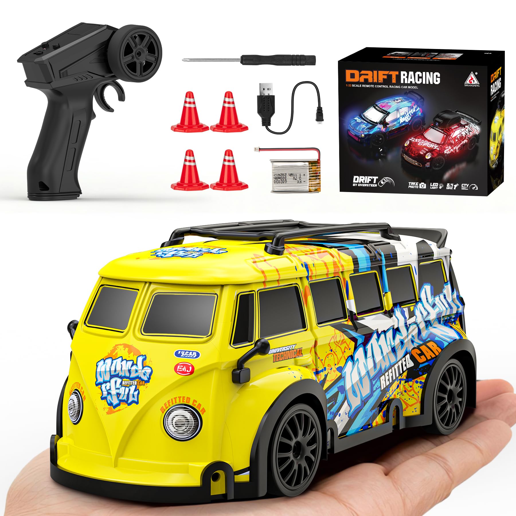 highspeed 1:32 Scale Mini RC Car – Drift Van rc Cars with LED Lights, Dual Tire Sets (Racing & Drift), USB Rechargeable Battery, Boys Toys Gifts for Christmas – rc Cars Toy for Kids & Adults