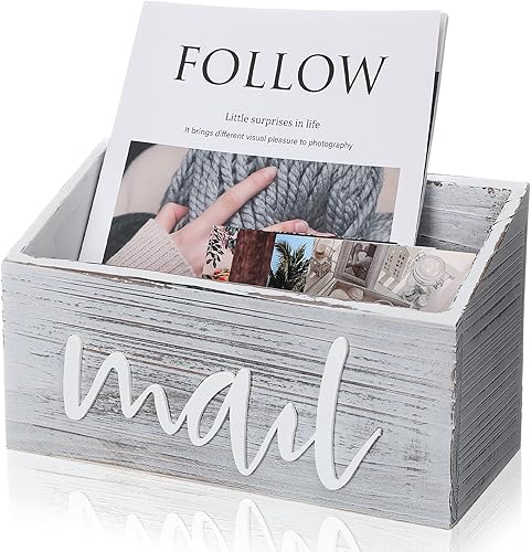 Jetec Organizador de correo de madera, soporte rústico de correo para encimera, organizador de almacenamiento de correo de madera, bandeja de