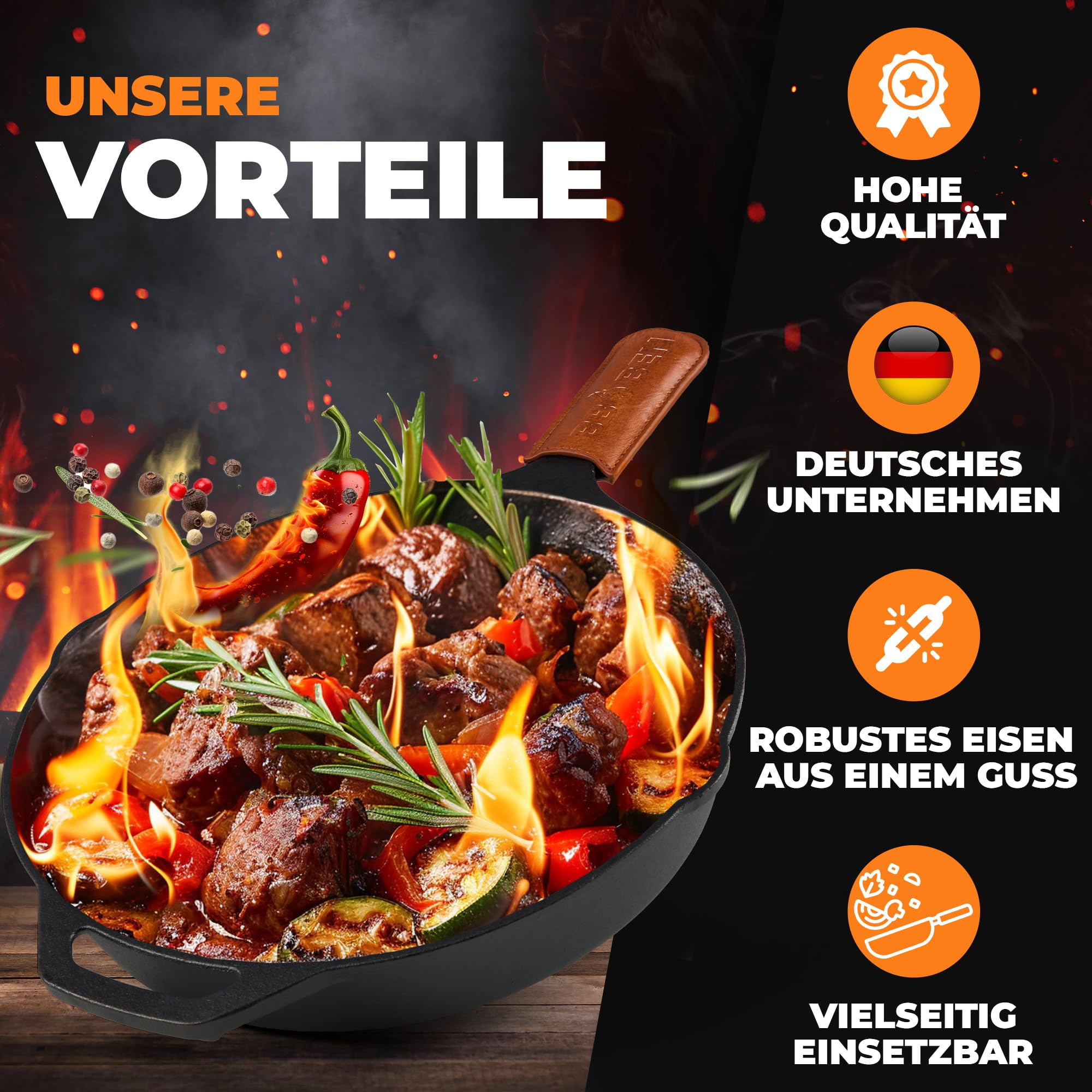 BBQ Ben Gusseisenpfanne Induktion [Feuerfest] Cast Iron Pan - leckere Röstaromen & knusprige Kruste, Grillpfanne Gusseisen, Eisenpfanne, Ofenfeste Pfanne, Antihaft-Bratpfanne, Gusspfanne Grill (30 cm)