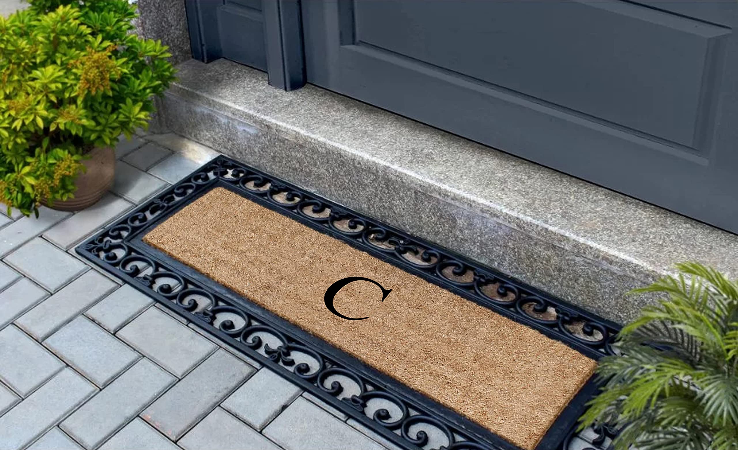 A1HC Natural Coir Monogrammed Door Mat For Front Door, 18x48, Anti-Shed